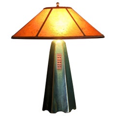 Handcrafted Artisan Stoneware Lamp in Moss Glaze with Amber Mica Shade