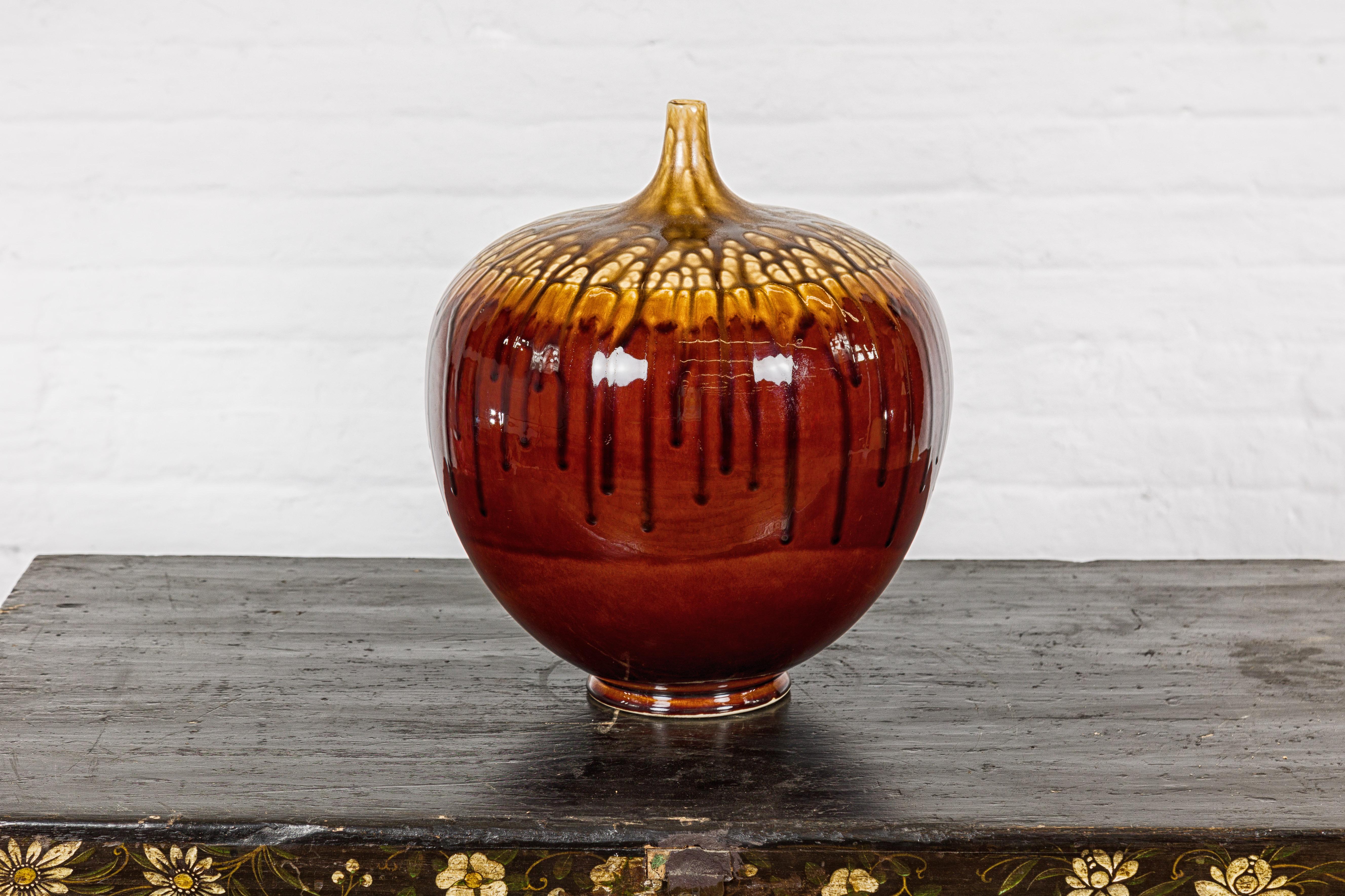 Hand-Crafted Artisan Tri-Color Brown Vase with Rounded Silhouette and Dripping 6