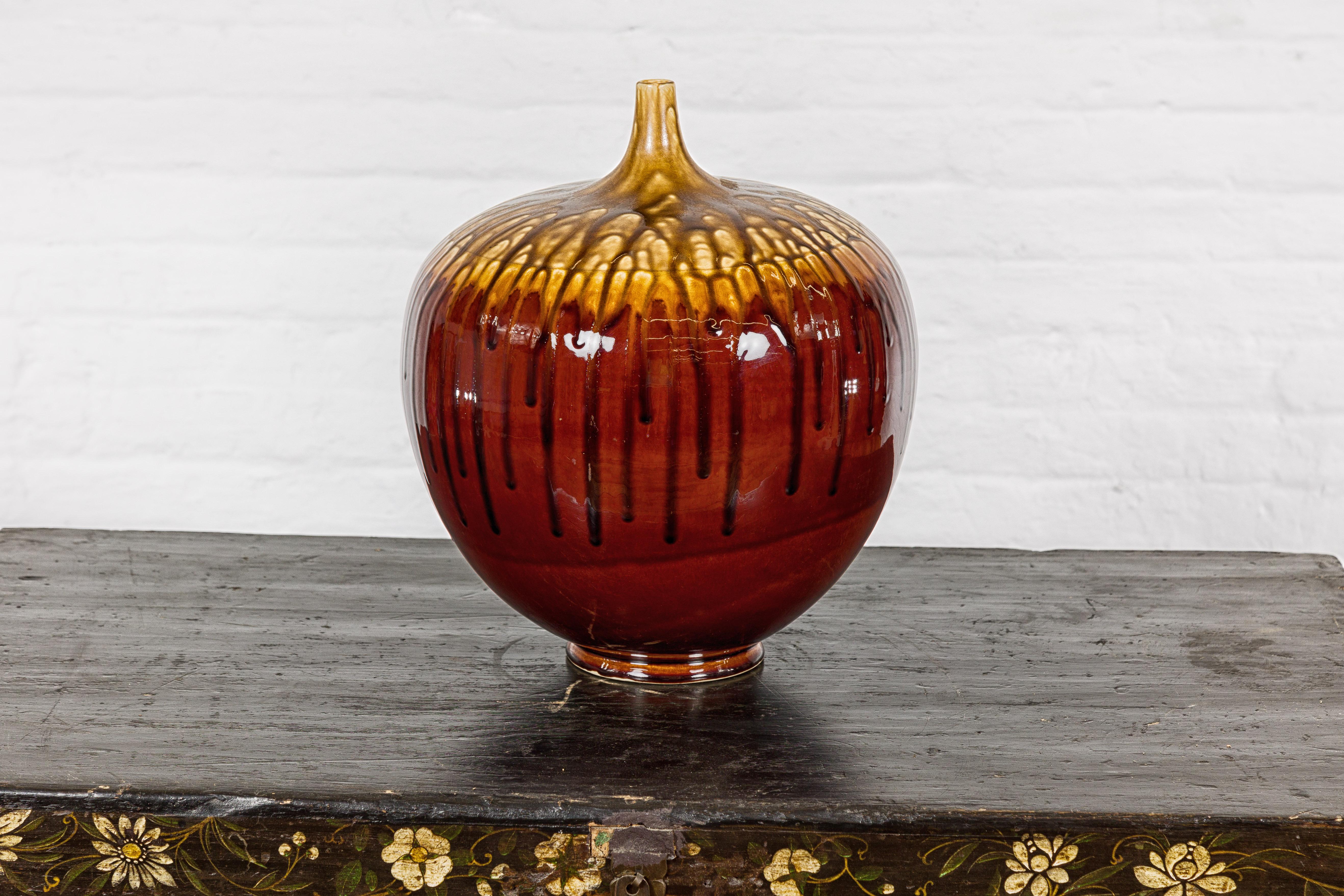 Hand-Crafted Artisan Tri-Color Brown Vase with Rounded Silhouette and Dripping 7