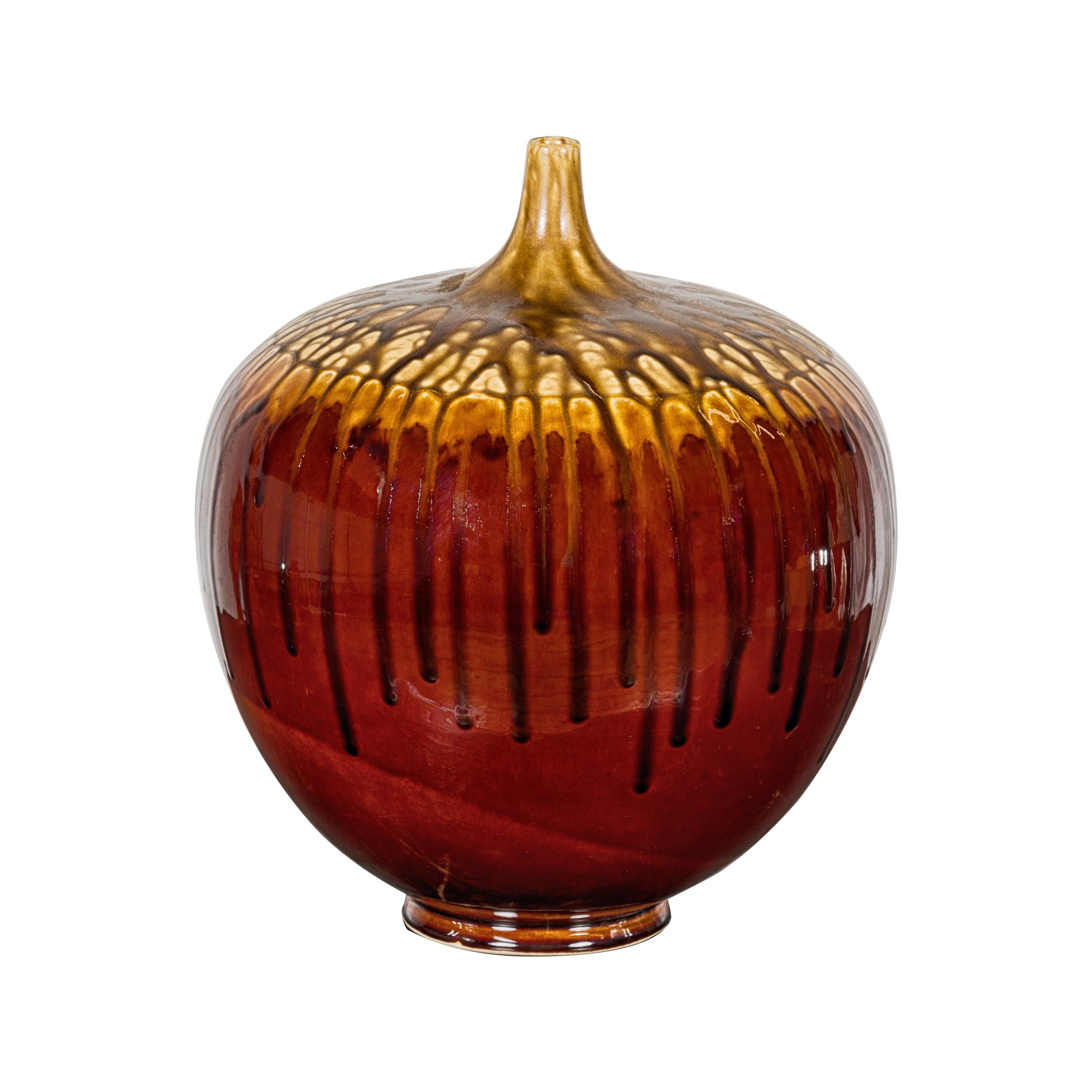 Hand-Crafted Artisan Tri-Color Brown Vase with Rounded Silhouette and Dripping 9
