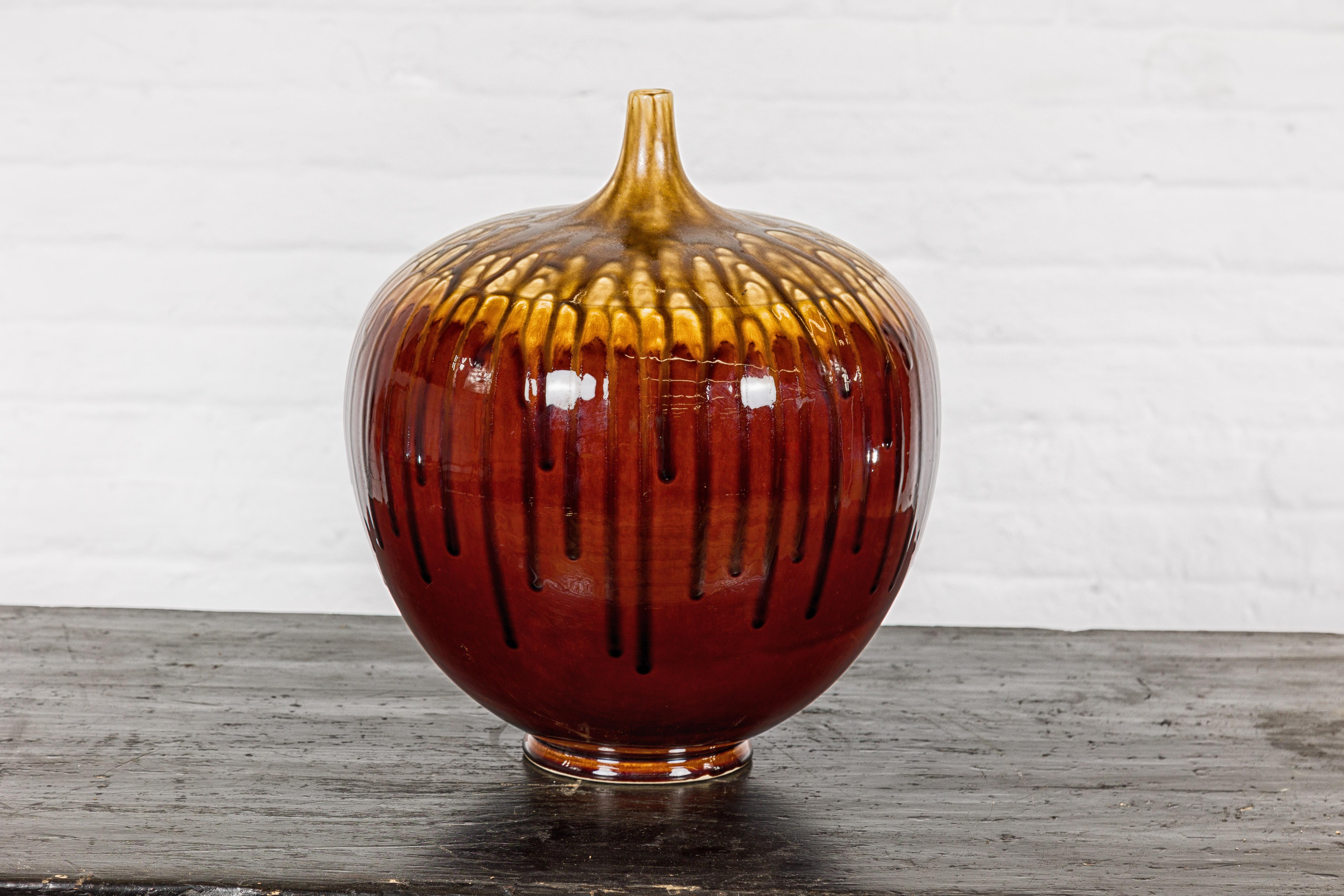 Glazed Hand-Crafted Artisan Tri-Color Brown Vase with Rounded Silhouette and Dripping