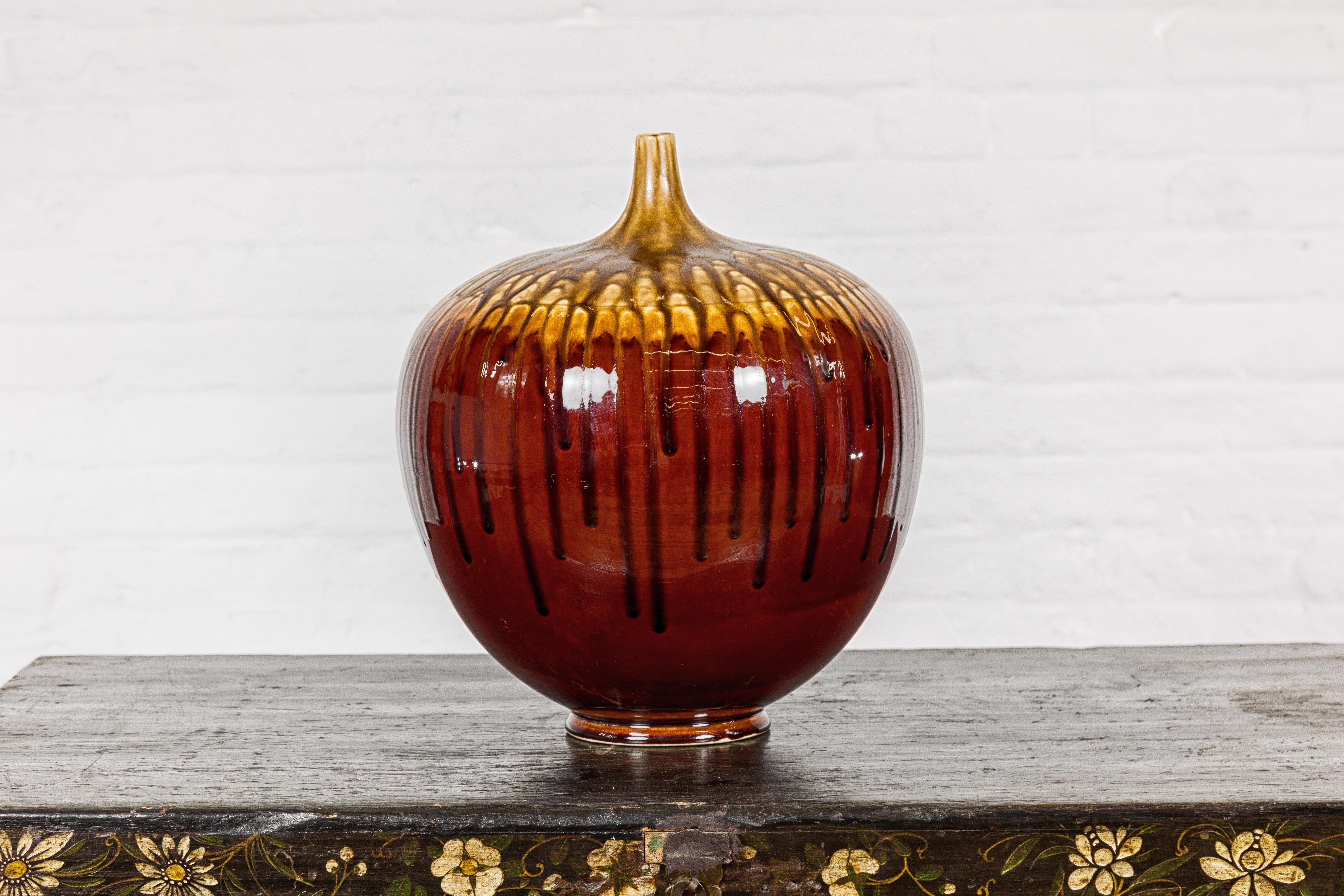 Hand-Crafted Artisan Tri-Color Brown Vase with Rounded Silhouette and Dripping In Good Condition In Yonkers, NY