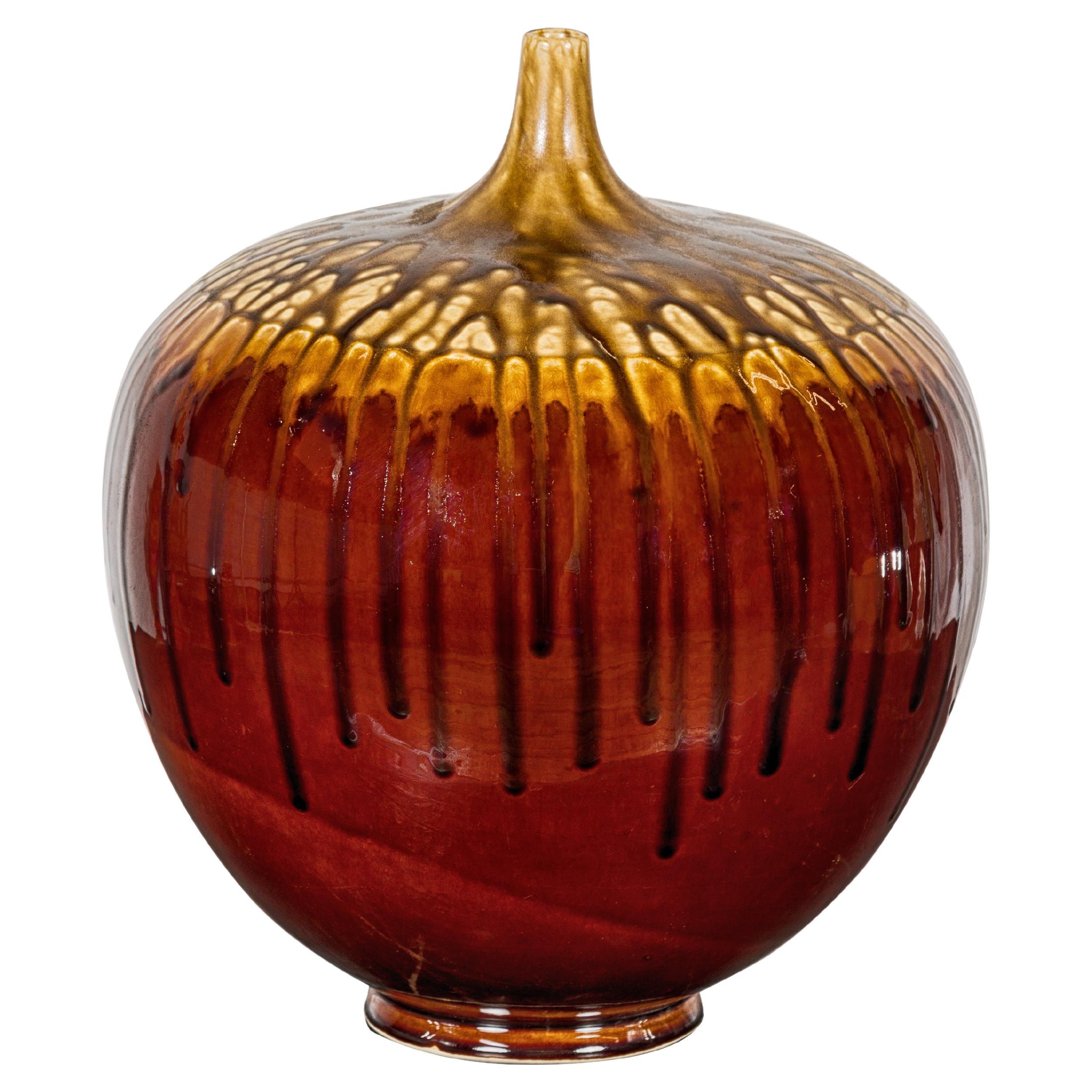 Hand-Crafted Artisan Tri-Color Brown Vase with Rounded Silhouette and Dripping