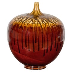 Antique Hand-Crafted Artisan Tri-Color Brown Vase with Rounded Silhouette and Dripping
