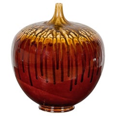 Hand-Crafted Artisan Tri-Color Brown Vase with Rounded Silhouette and Dripping