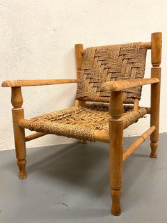 Audoux Minet / Charlotte Perriand Style Lounge Chair in Sisal with Foot Stool