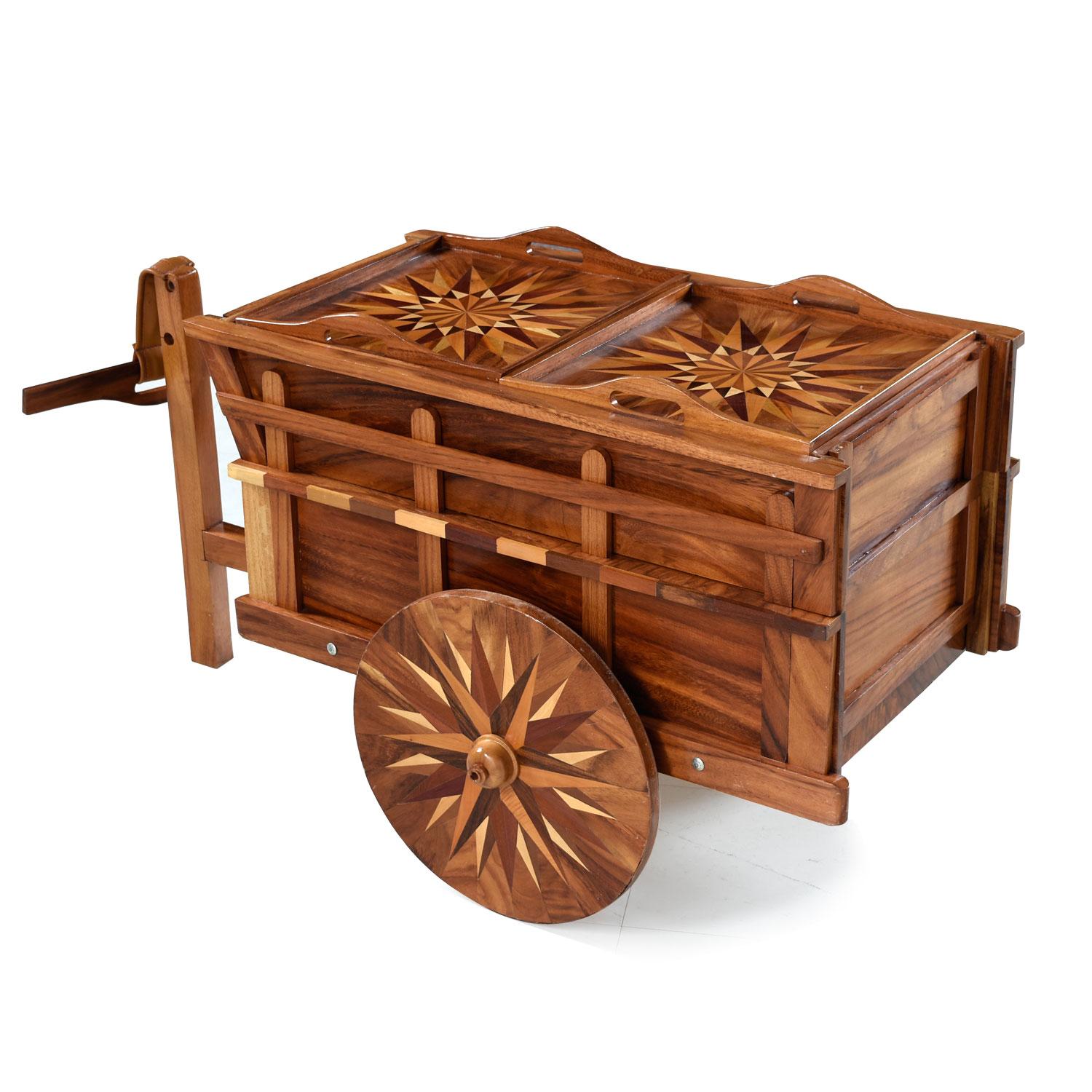 This handcrafted, solid wood bar deviates from our usual stable, but we couldn't resist it's charm! The bar cart is fashioned to look like a wagon. It even comes complete with a leather and wood handle so you can pull the mobile bar to the desired
