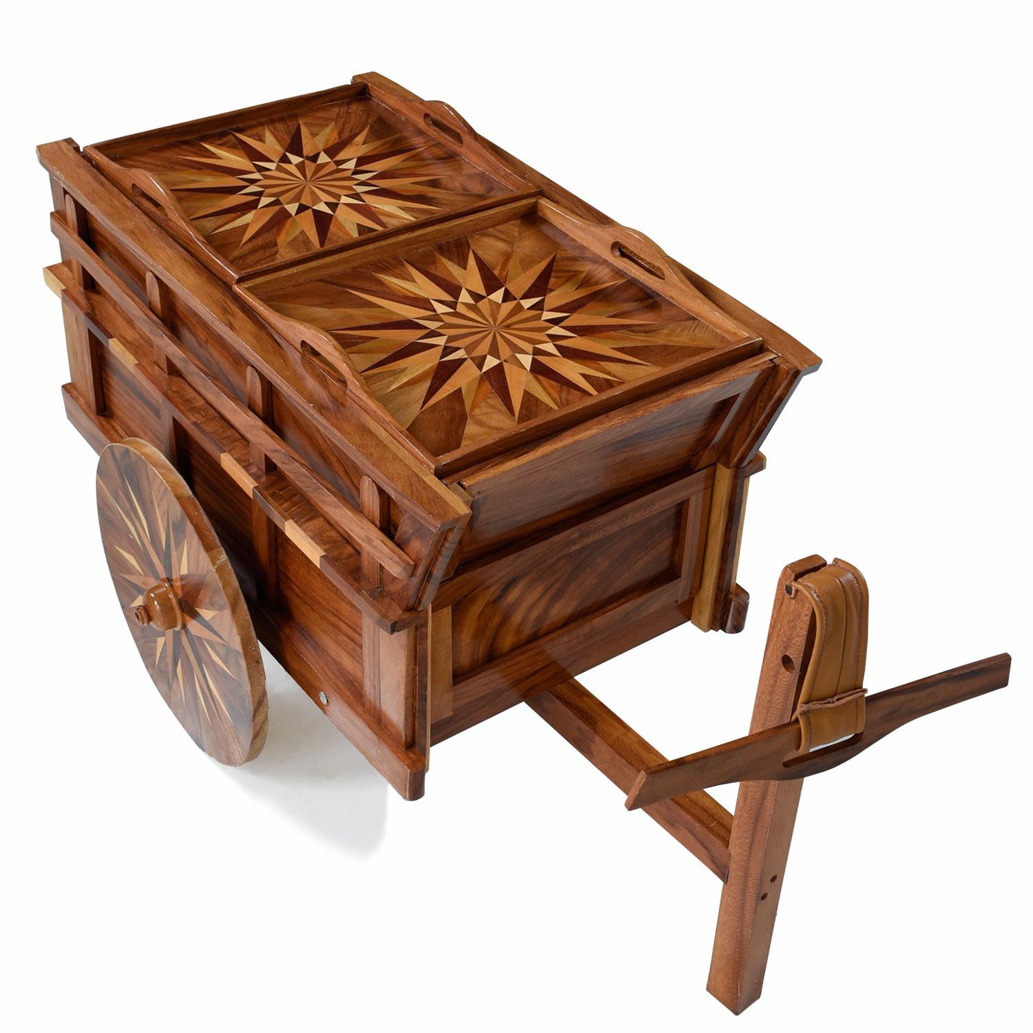American Hand Crafted Bar Server Cart with Ornate Wood Inlay Marquetry For Sale