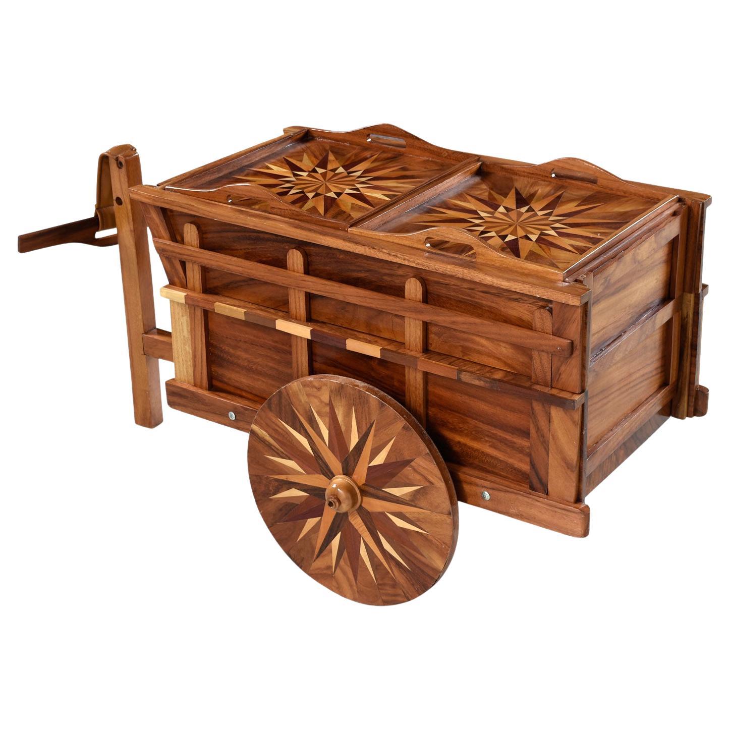 Hand Crafted Bar Server Cart with Ornate Wood Inlay Marquetry For Sale
