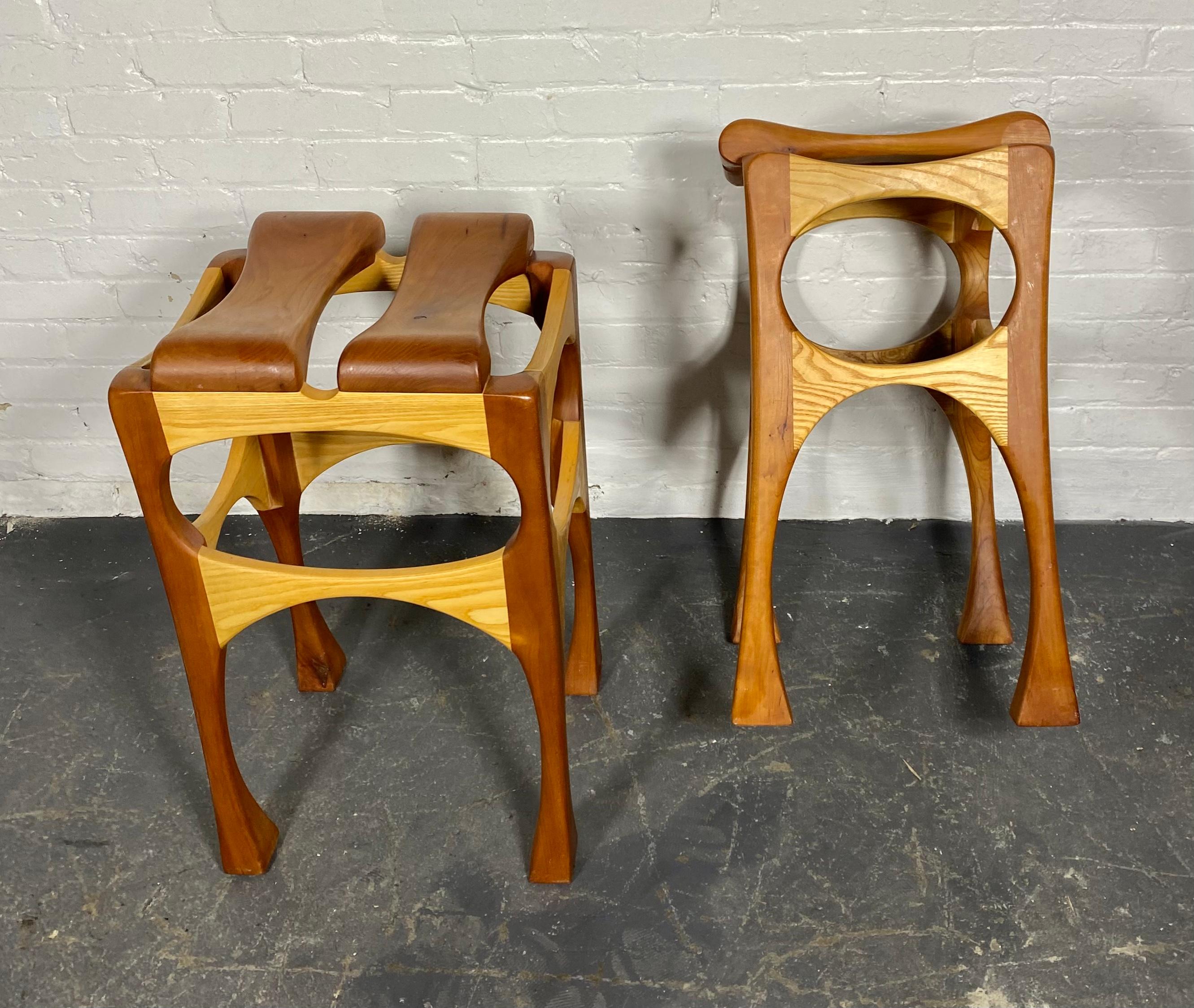 Hand Crafted Bespoke Workshop/Studio Stools.  2-tone birch and cherry .. Stunning design,, Super smooth carved cherry wood tops.. aRTIST SIGNED BUT unfortunately cant make out signature /? Dated 2001..