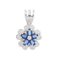 Hand-Crafted Blue Sapphire Flower Pendant With Diamonds in Solid 18k White Gold