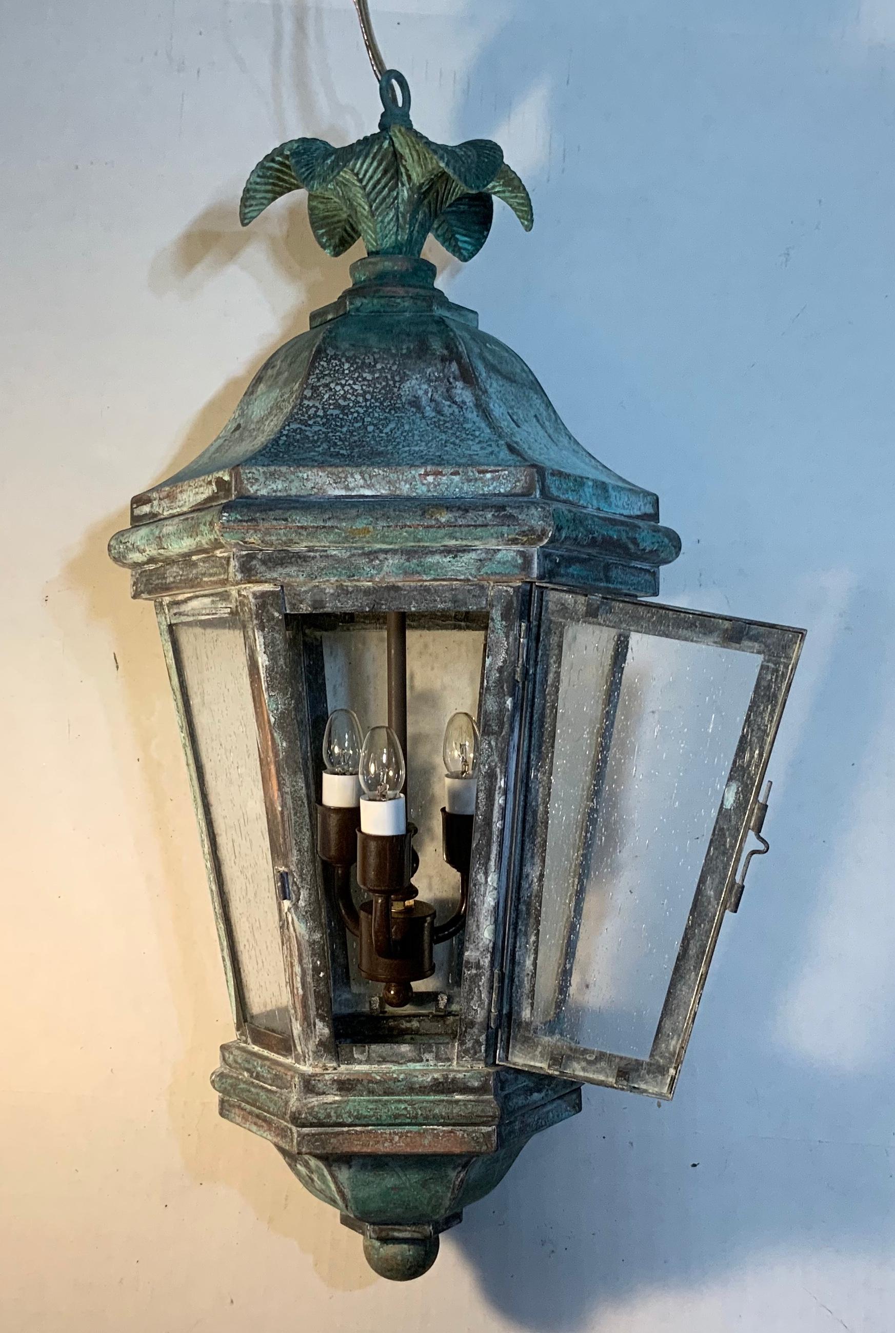 Handcrafted Brass and Bronze Ceiling Hanging Lantern In Good Condition For Sale In Delray Beach, FL