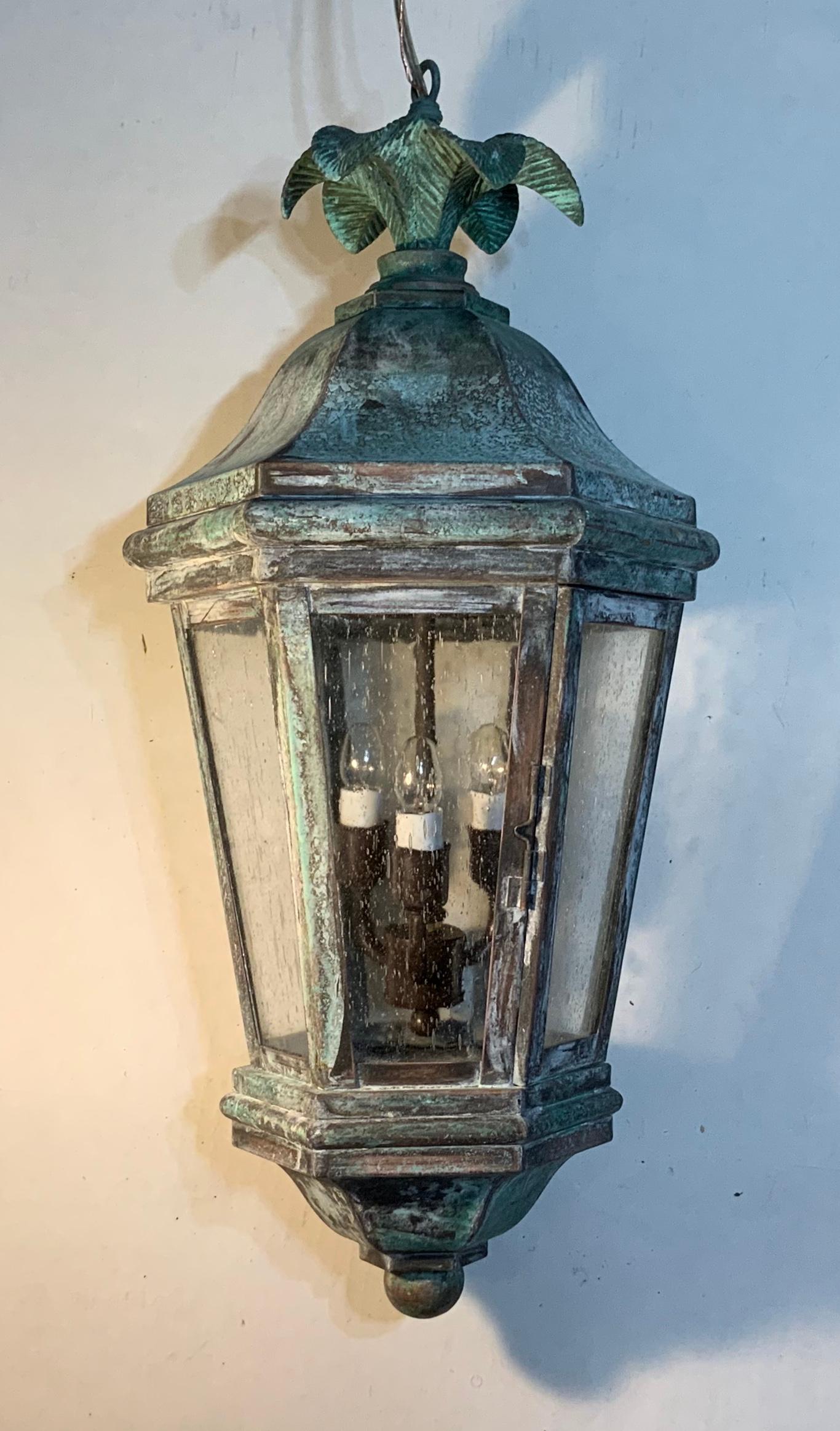 20th Century Handcrafted Brass and Bronze Ceiling Hanging Lantern For Sale