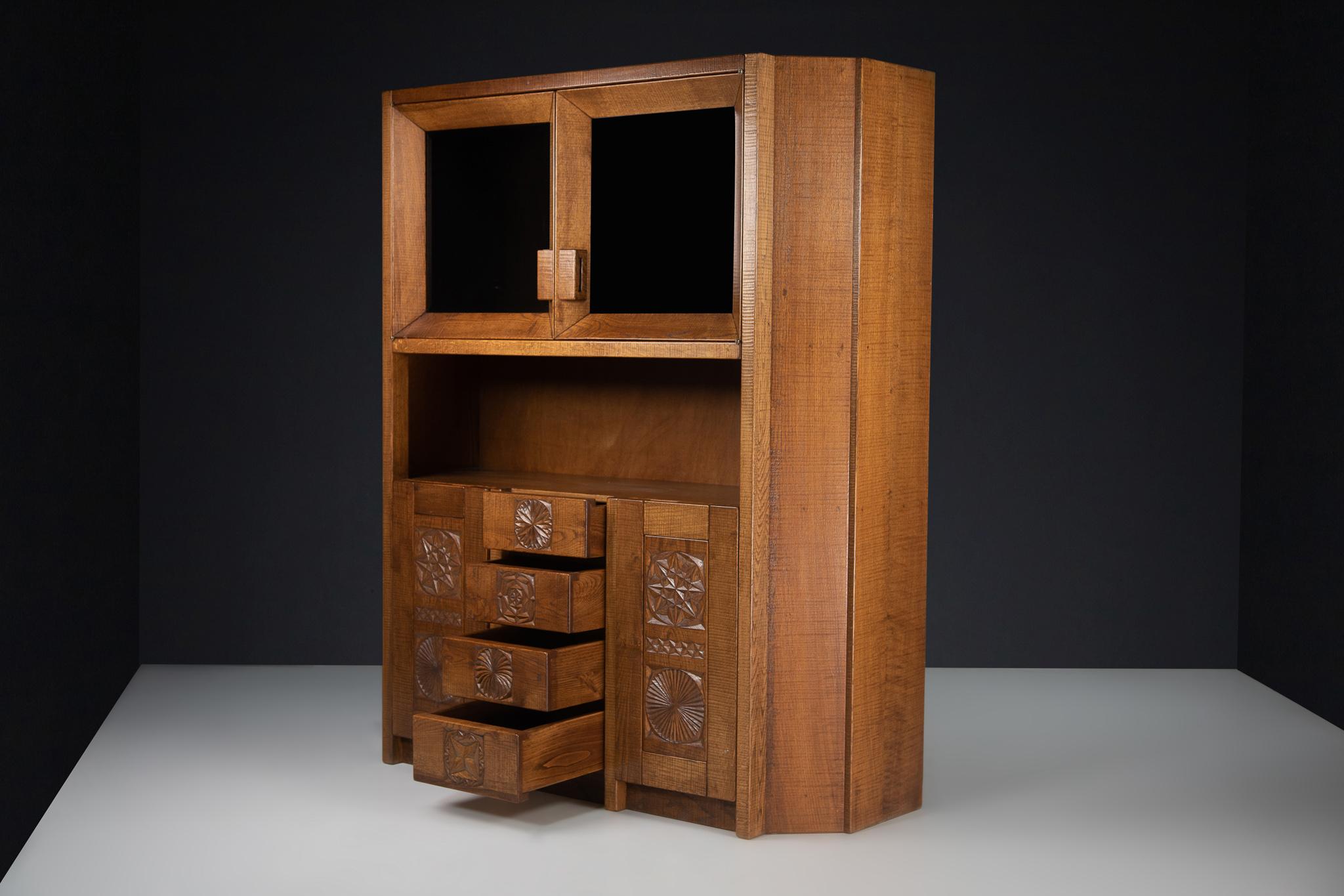 Late 20th Century Hand Crafted Brutalist Giuseppe Rivadossi Glazed Cabinet in Oak Italy, the 1970s For Sale