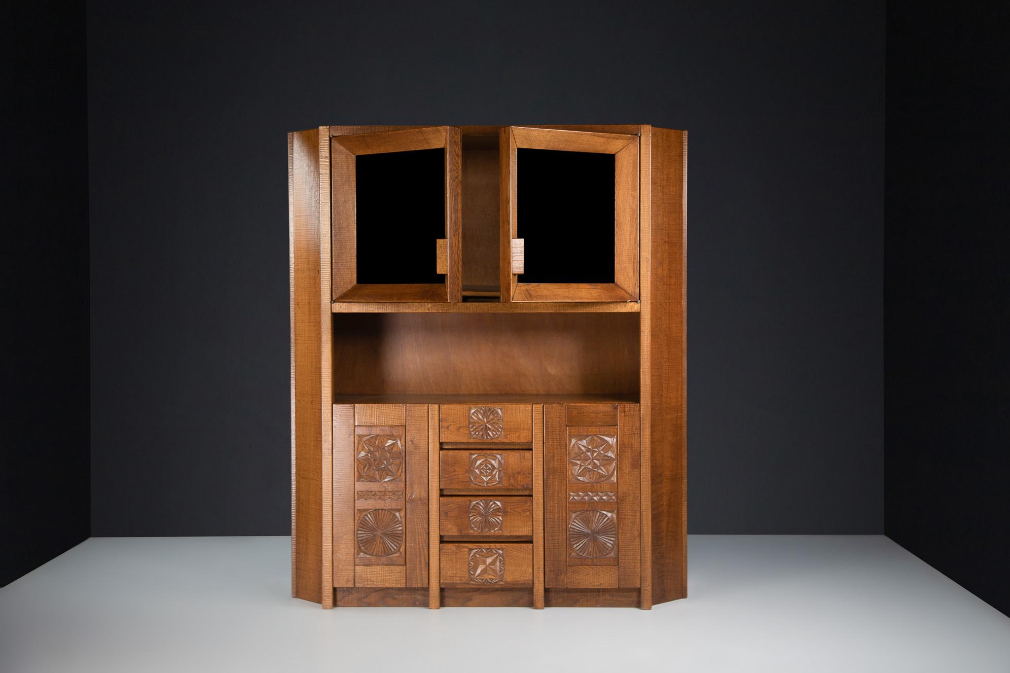 Glass Hand Crafted Brutalist Giuseppe Rivadossi Glazed Cabinet in Oak Italy, the 1970s For Sale