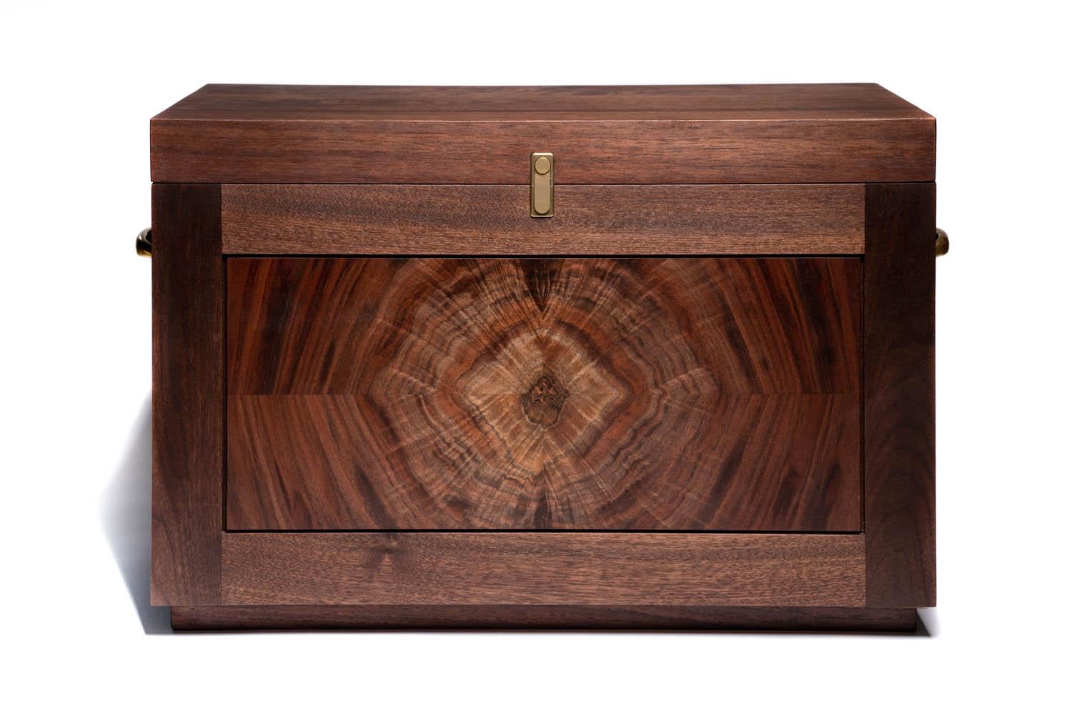 This handcrafted Campaign chest field bar in walnut and brass is the result of a unique partnership among Southern artisans. This Campaign Chest, an expression of the fellowship at the heart of the sporting tradition—a shared toast, or two,