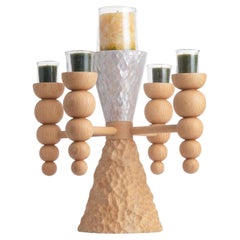 Hand-Crafted Candelabra with Genuine Mother-of-Pearl and Massive Oak Wood