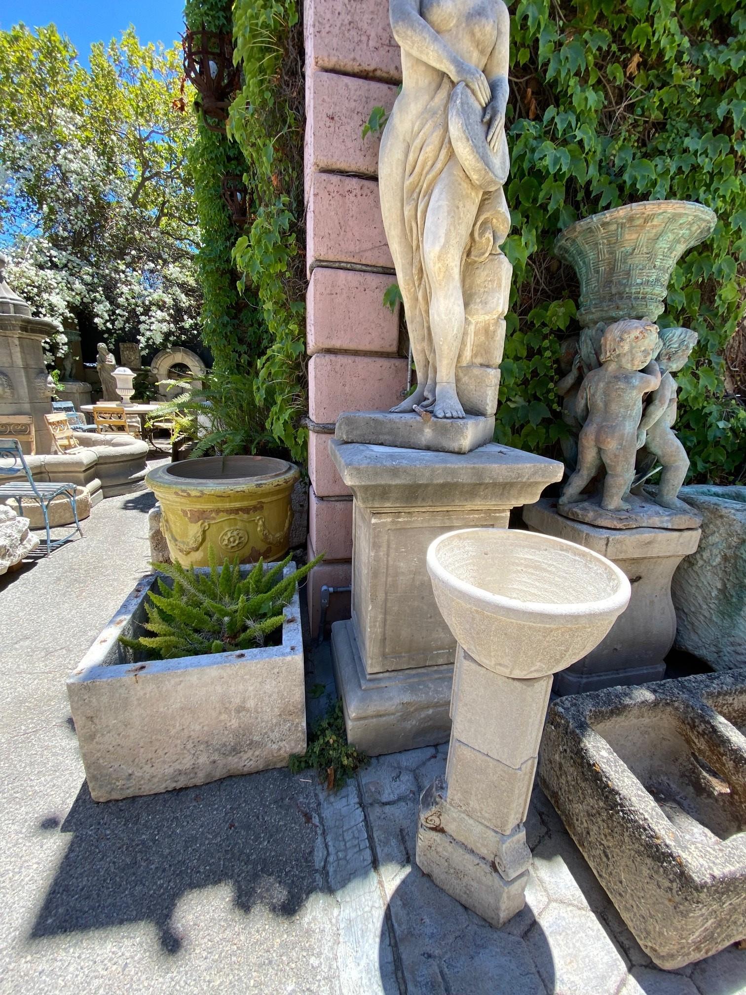 French Hand Crafted & Carved Stone Birdbath Bowl Basin on Pedestal Base Water Fountain