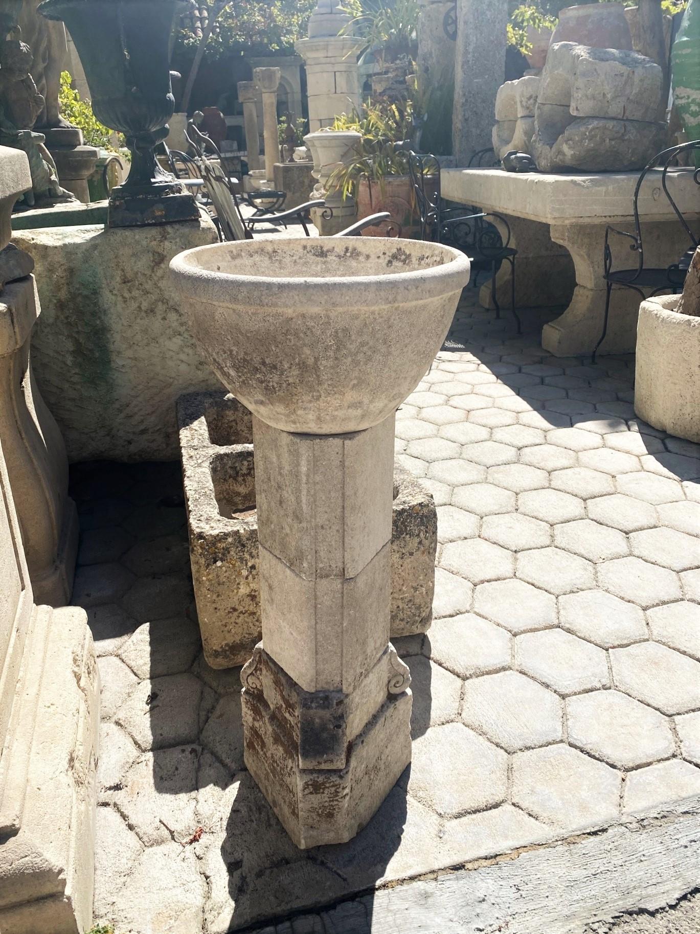 19th Century Hand Crafted & Carved Stone Birdbath Bowl Basin on Pedestal Base Water Fountain