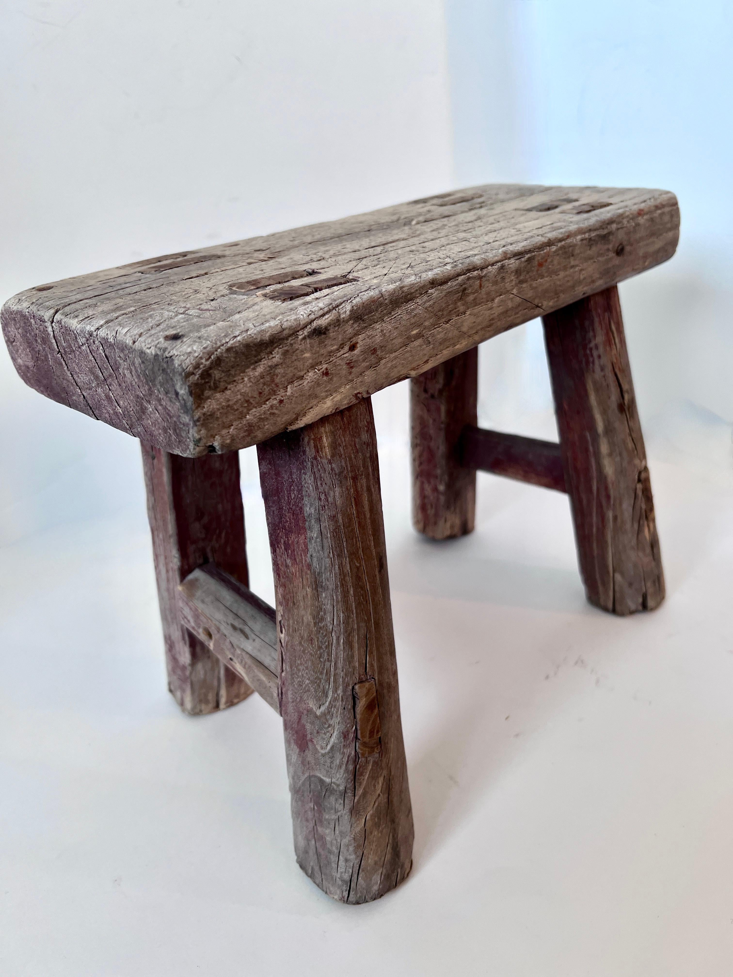 Rustic Hand Crafted Chinese Elm Wood Stool  For Sale