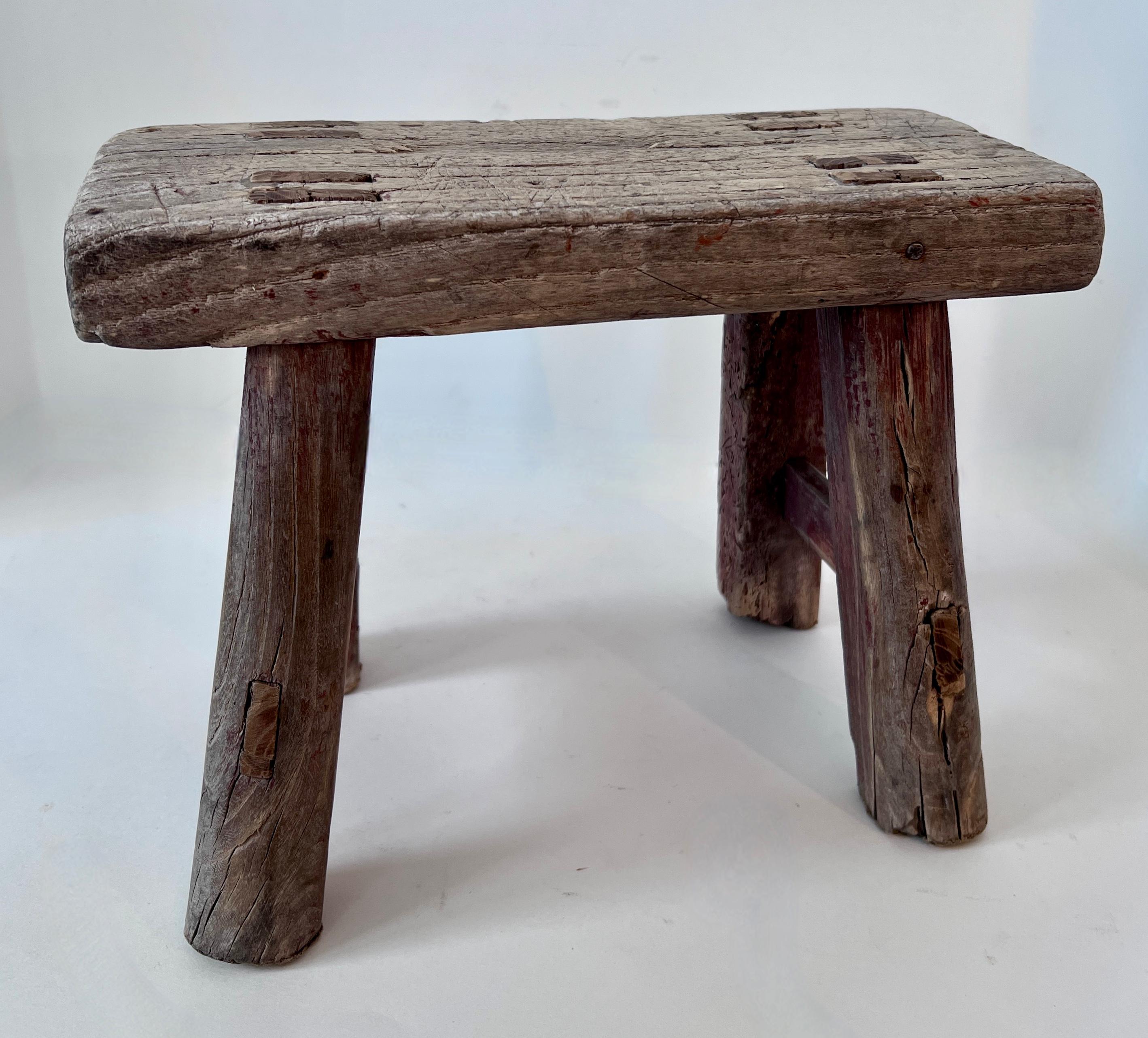 Hand-Carved Hand Crafted Chinese Elm Wood Stool  For Sale