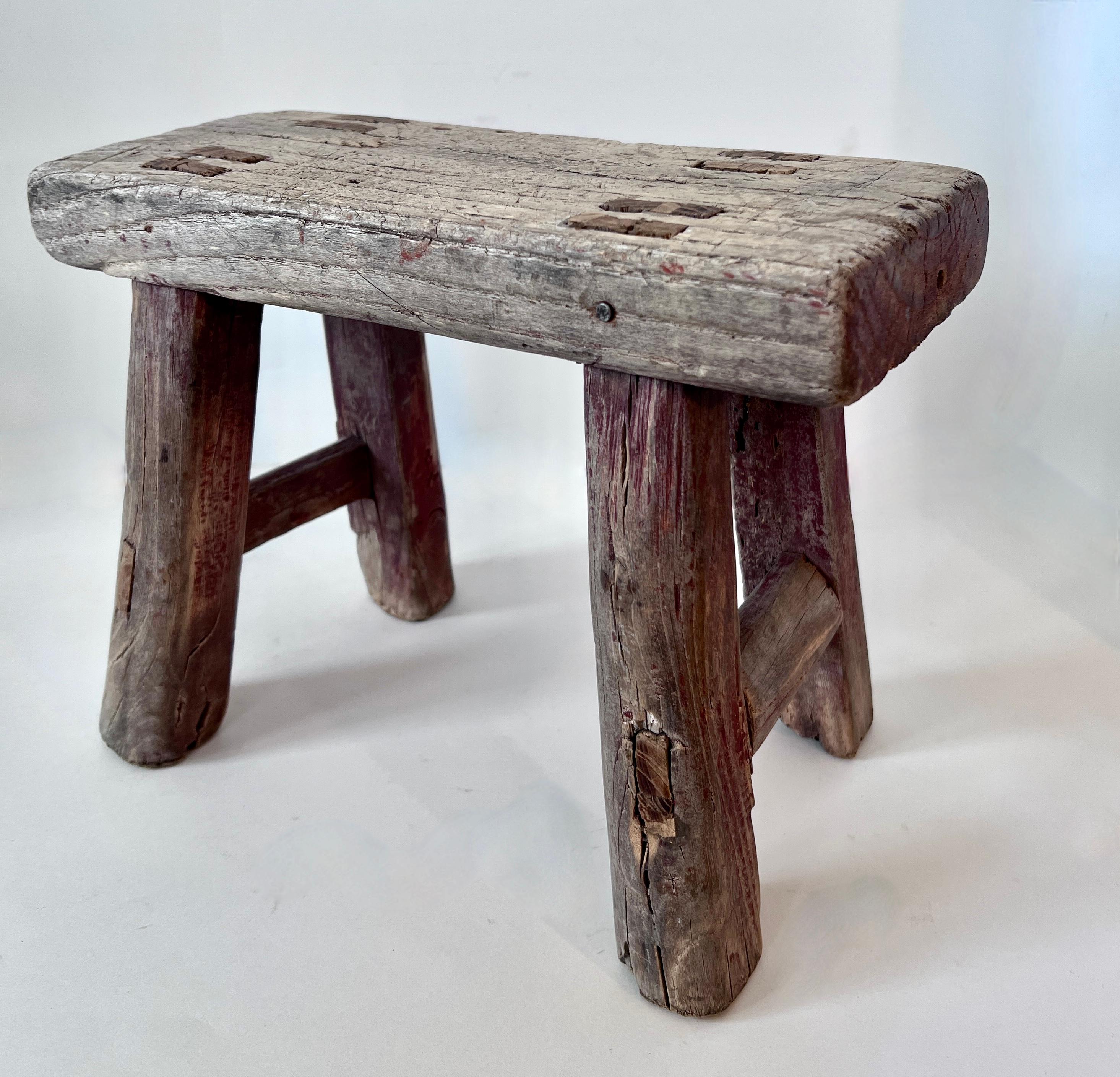 Hand Crafted Chinese Elm Wood Stool  In Good Condition For Sale In Los Angeles, CA