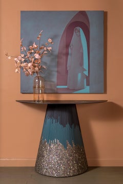 Hand-Crafted Console with Genuine Blue Mother of Pearl & Black-Stained Oak Wood