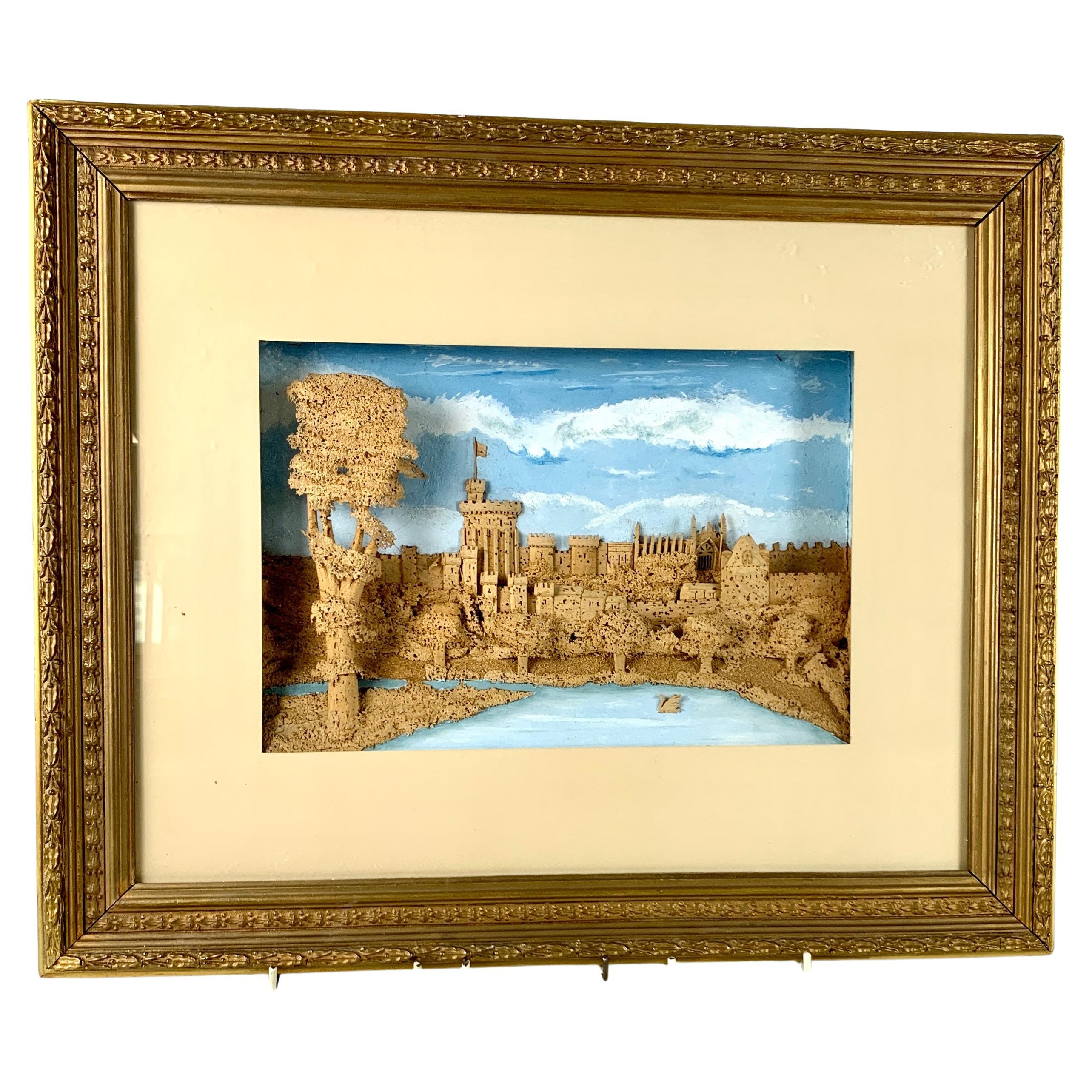Corcho artesanal que muestra una vista romántica de un castillo inglés