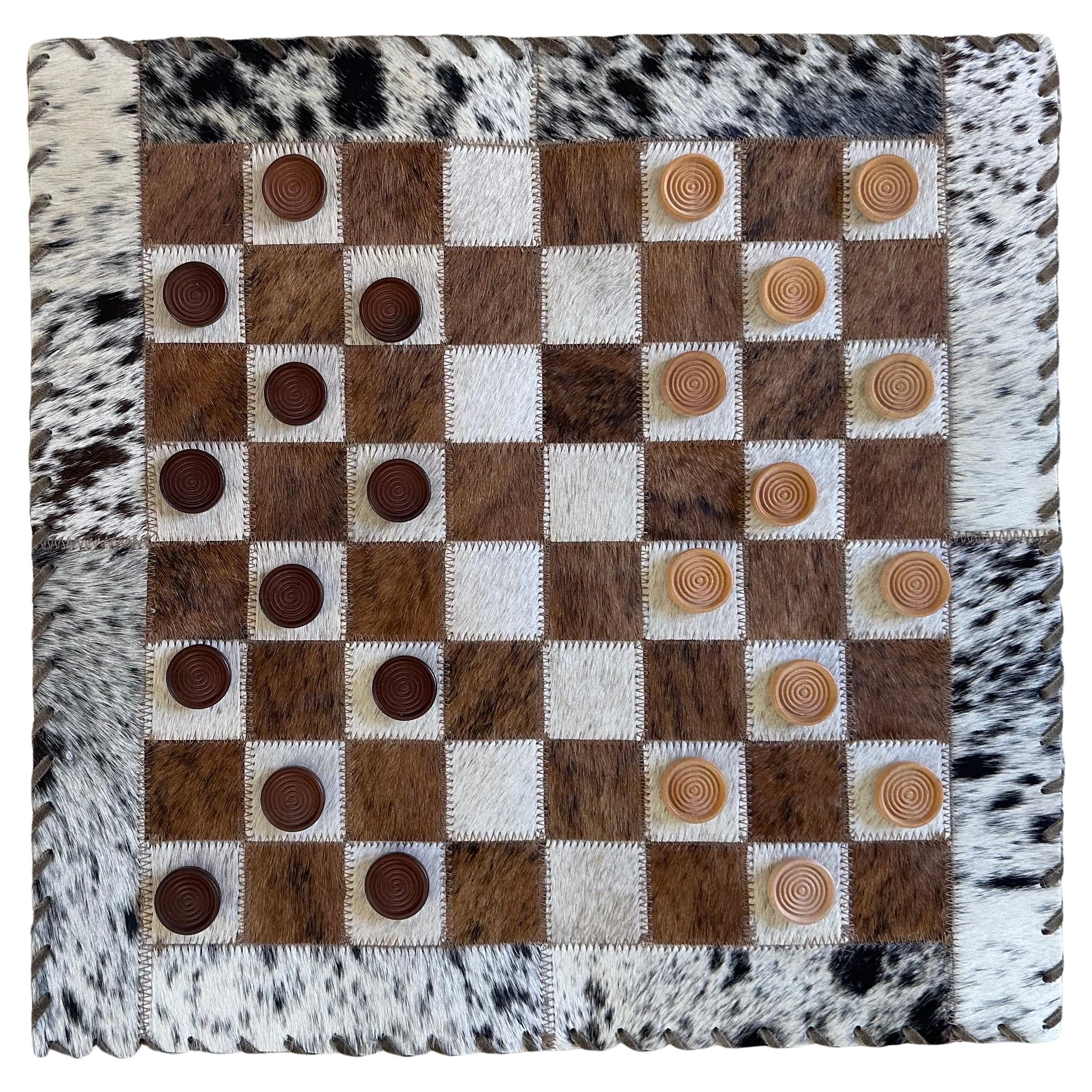 Hand-Crafted Cowhide Checkers Set and Board