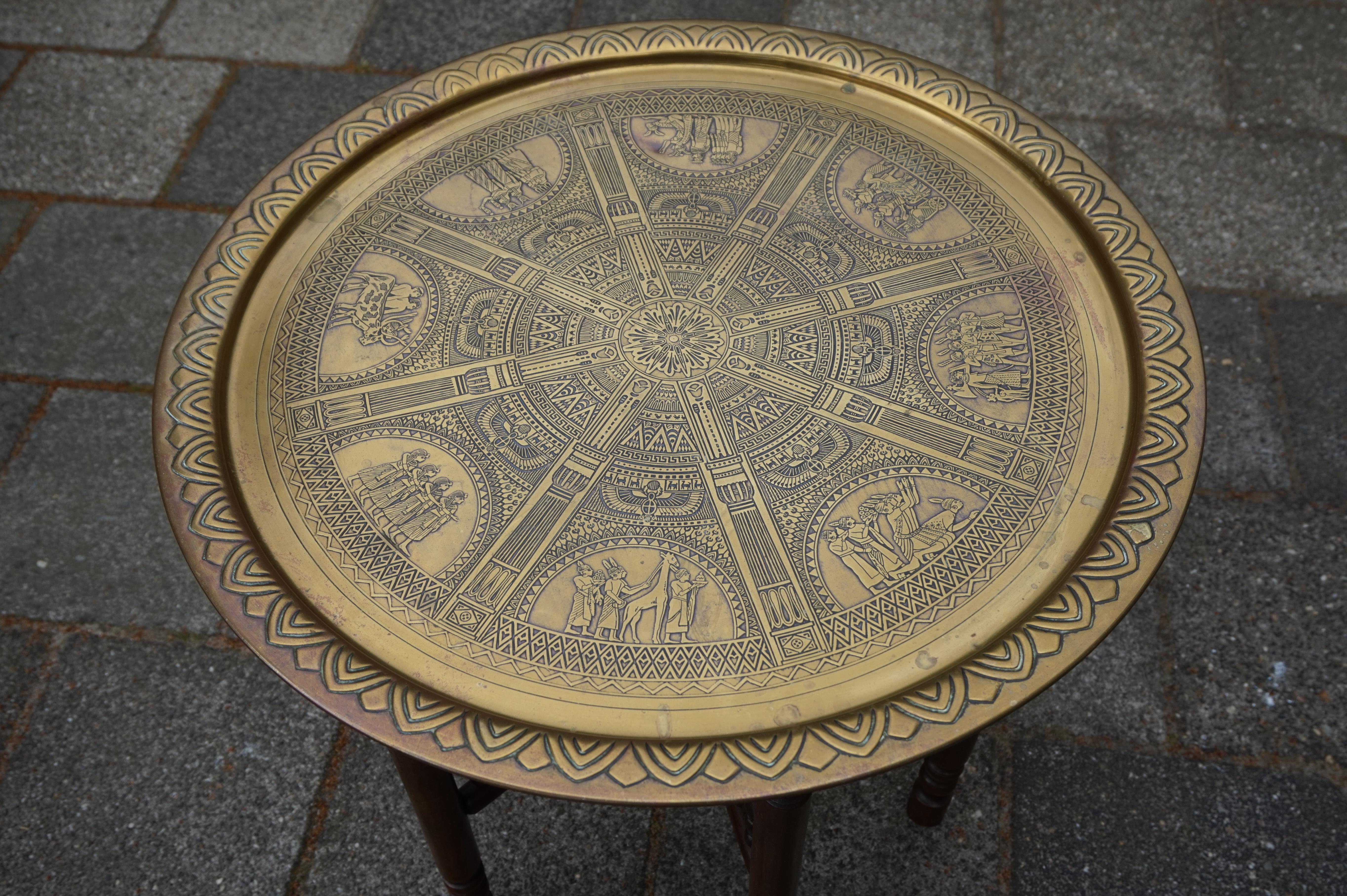 Handcrafted Egyptian Revival Brass Tray Table with Islamic Design Wooden Base For Sale 6
