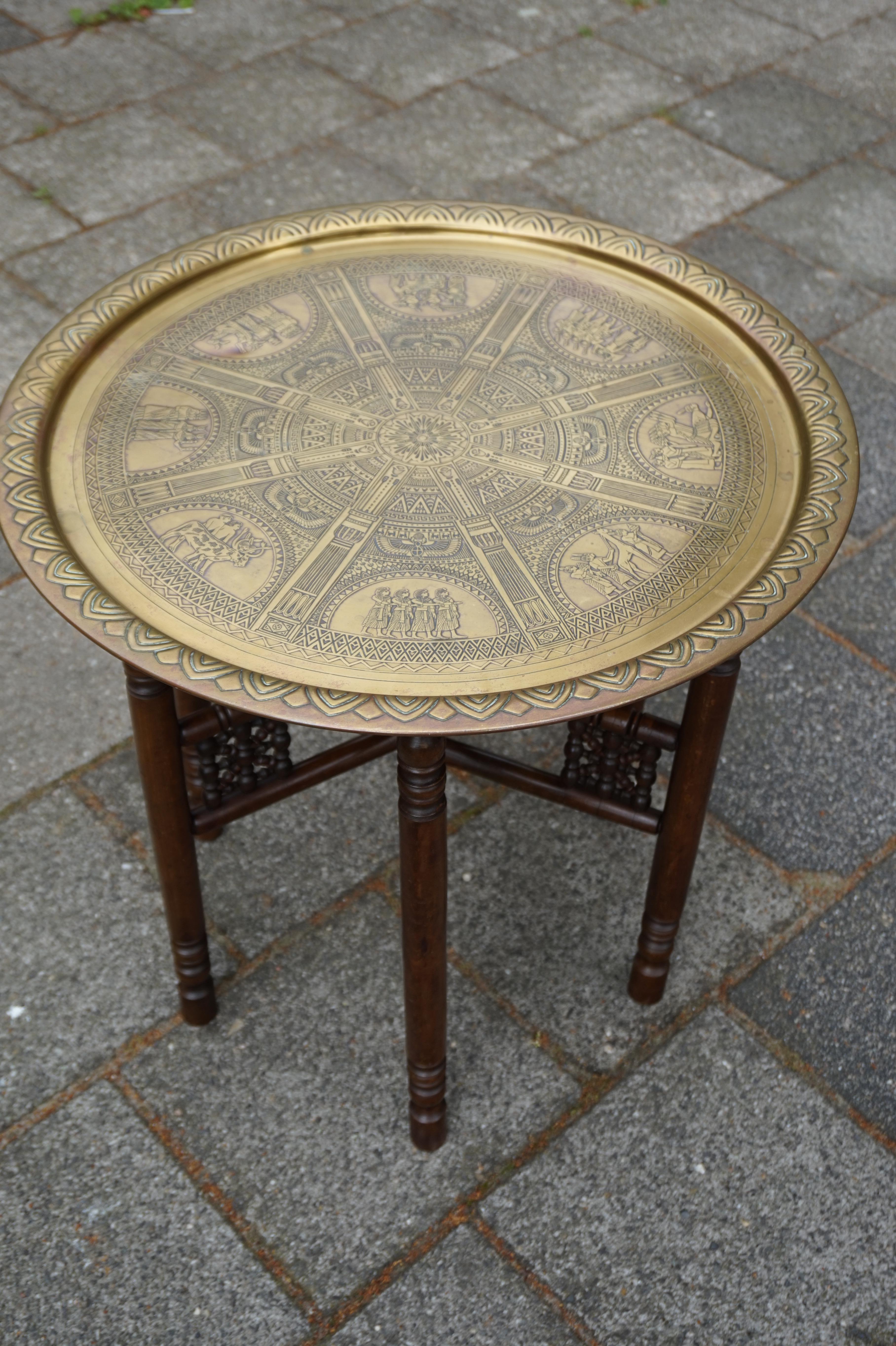 Handcrafted Egyptian Revival Brass Tray Table with Islamic Design Wooden Base For Sale 7