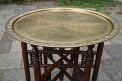 Handcrafted Egyptian Revival Brass Tray Table with Islamic Design Wooden Base