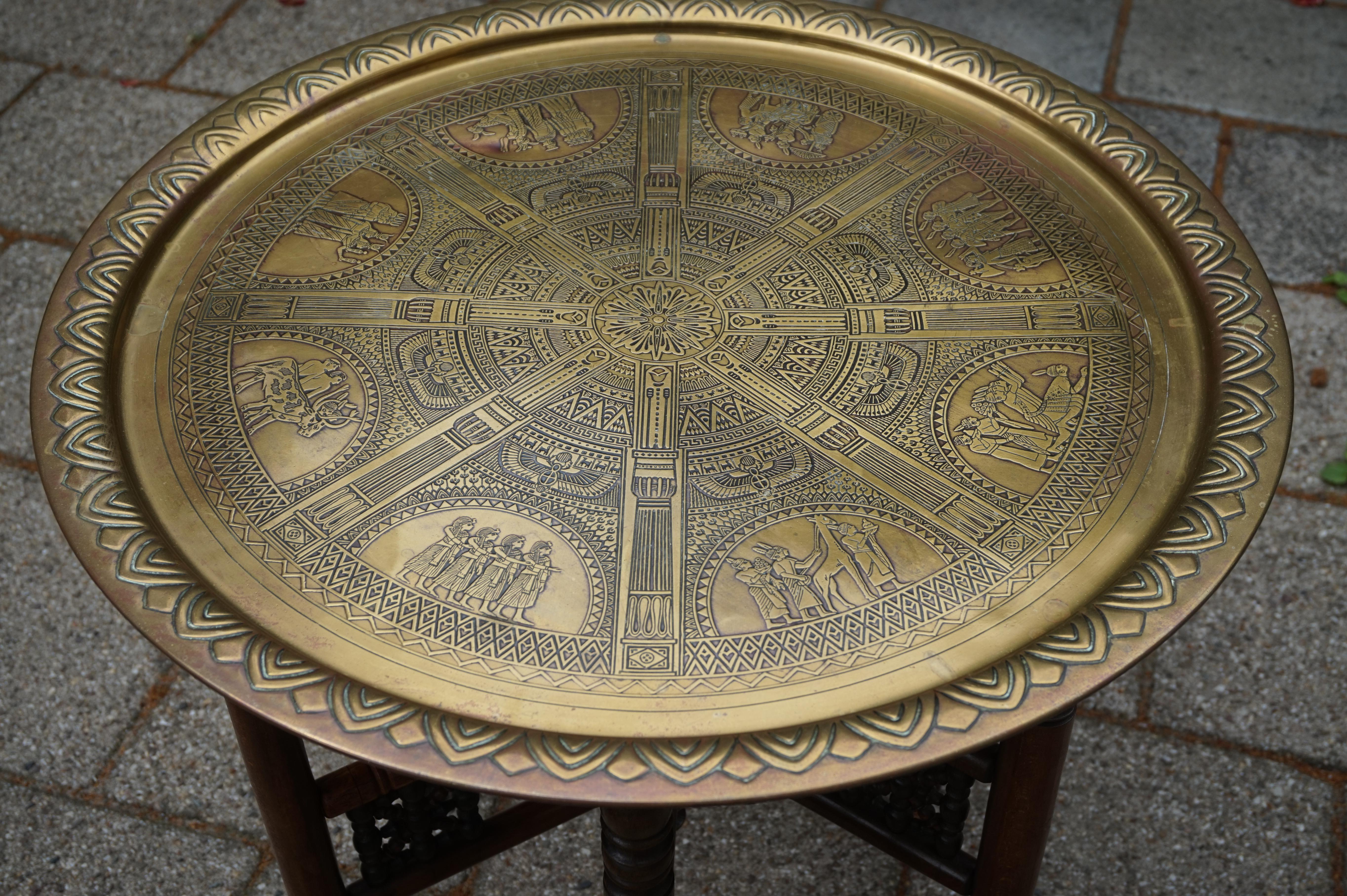 Handcrafted Egyptian Revival Brass Tray Table with Islamic Design Wooden Base For Sale 11