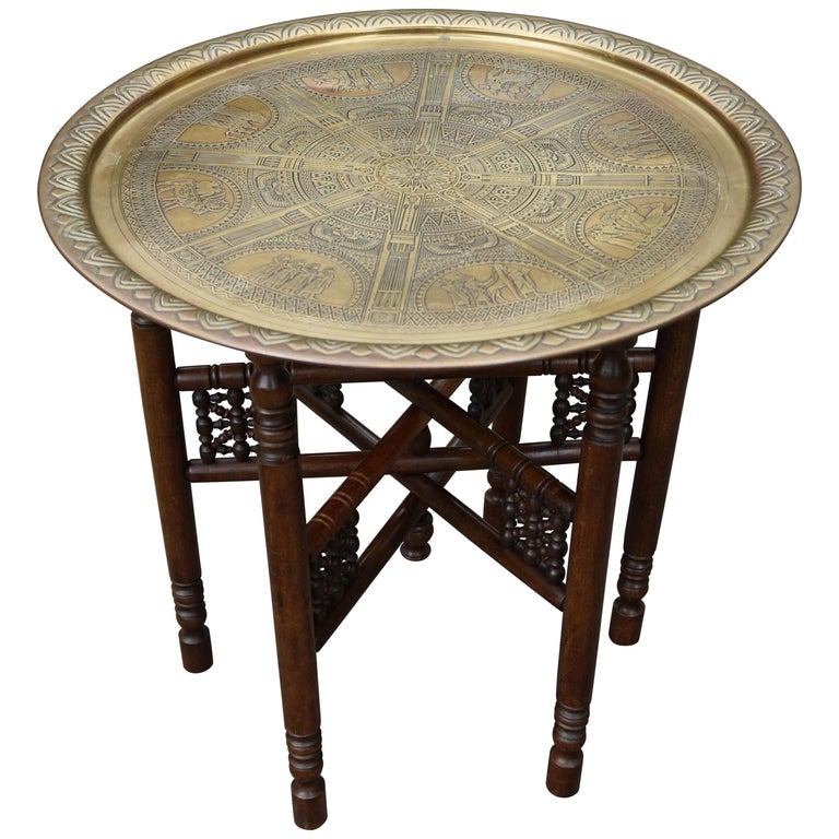 Handcrafted Egyptian Revival Brass Tray Table with Islamic Design