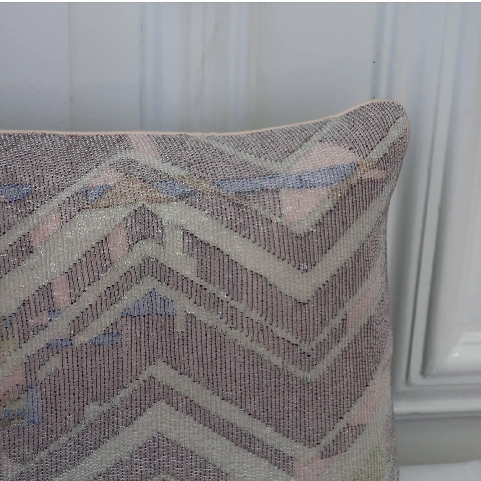 English Handcrafted Embroidered Beaded Textile Pillow Geometric Design For Sale