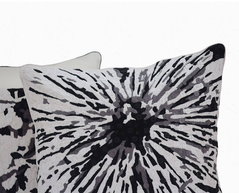 Contemporary Handcrafted Embroidered Pillow Black White and Grey Floral For Sale