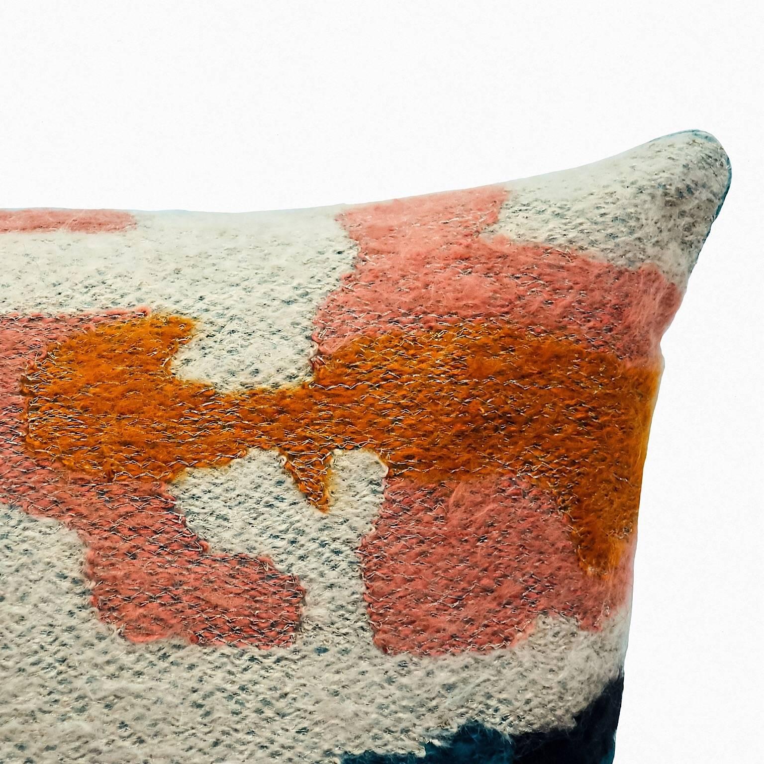 English Hand Crafted Embroidered Pillow Petrol Orange Gold and Beige Wool Yarn For Sale