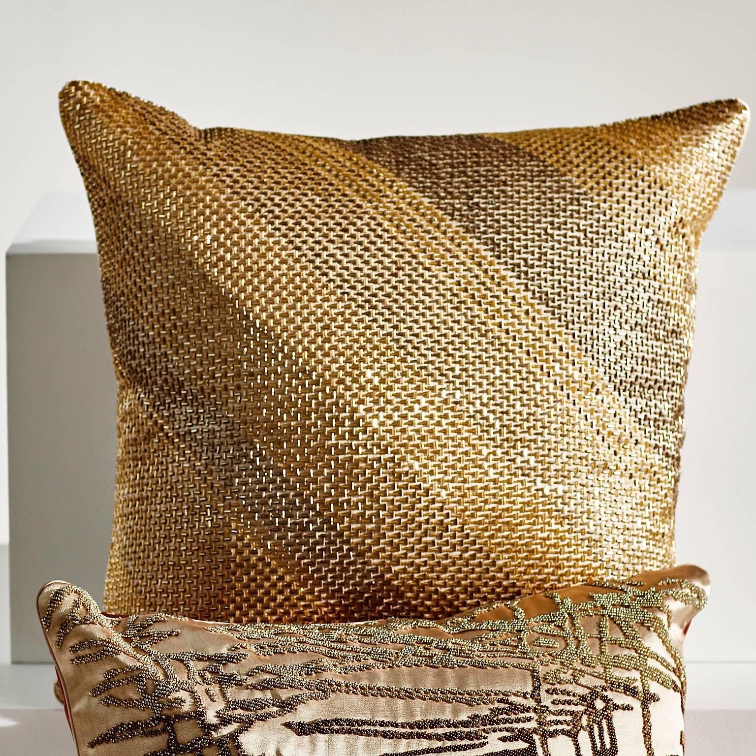 British Handcrafted Embroidered Pillows Glass Beads Geometric Diagonal Grids Gold Silver For Sale