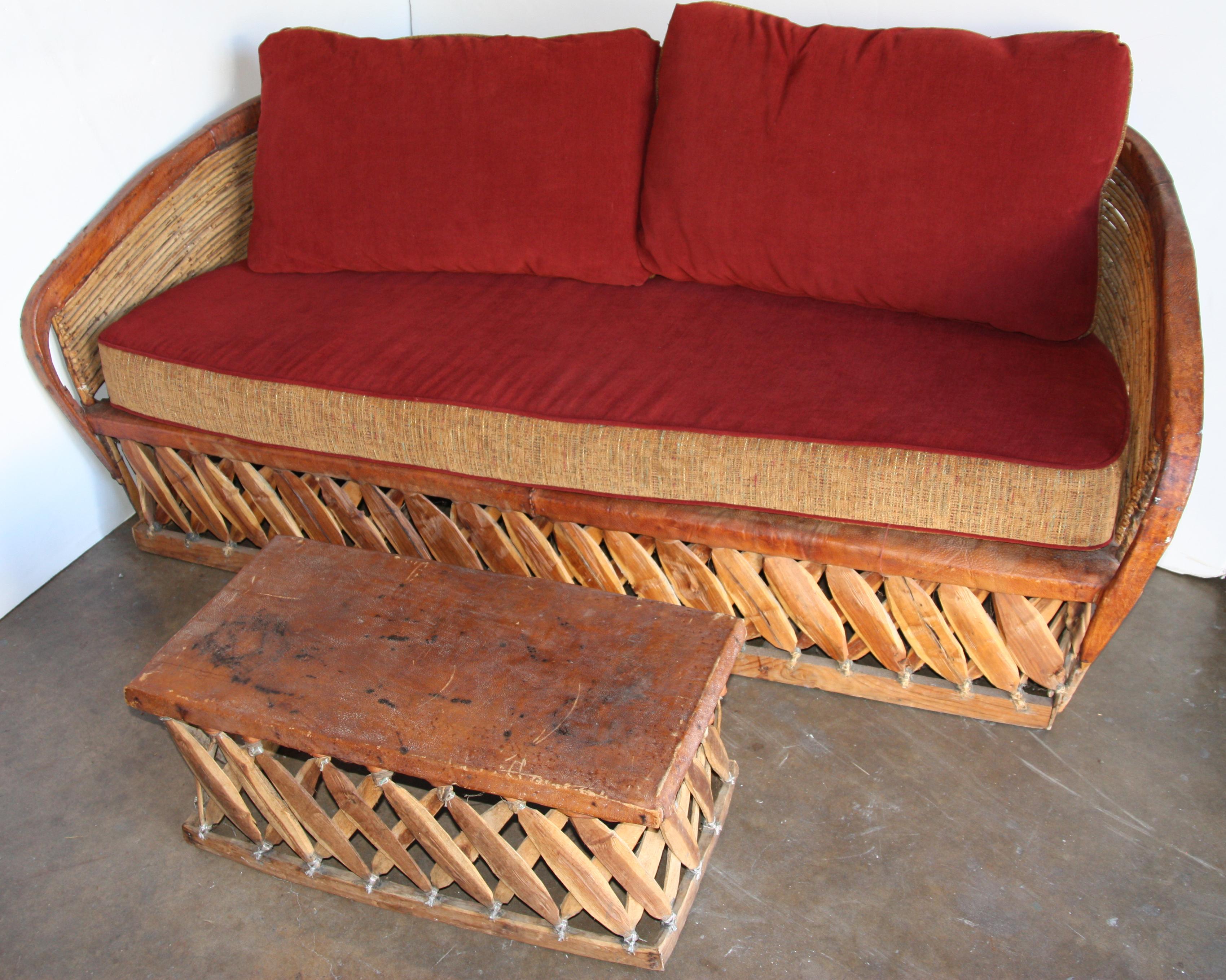 Leather Handcrafted Equipale Sofa with Ottoman and Cushions