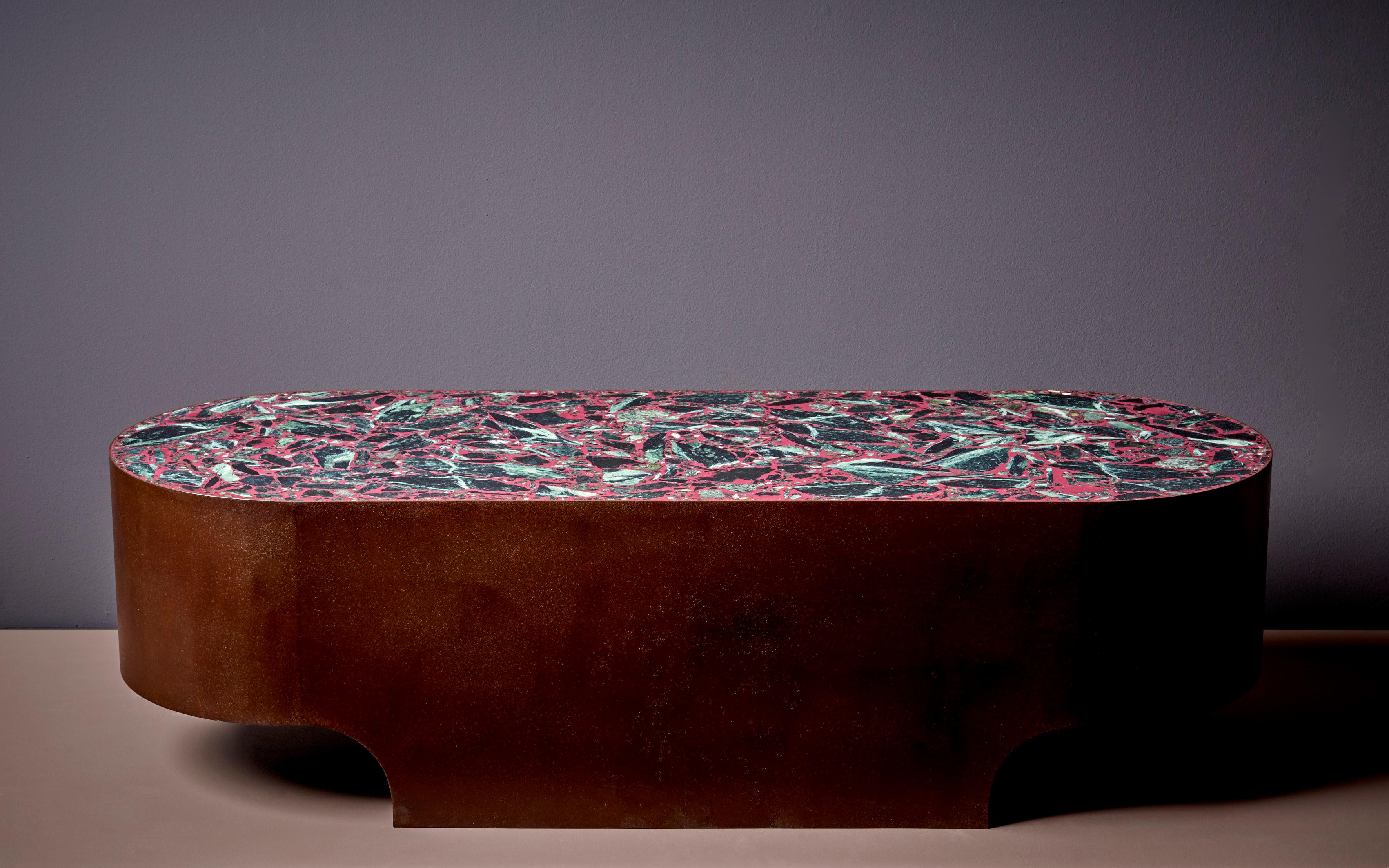 Each item made by Felix Muhrhofer is carefully handcrafted and a unique, one-of-a-kind piece. Muhrhofer is an Austrian designer who primarily works with steel and terrazzo. His pieces, from coffee tables to bar counters, are all made by hand, tested