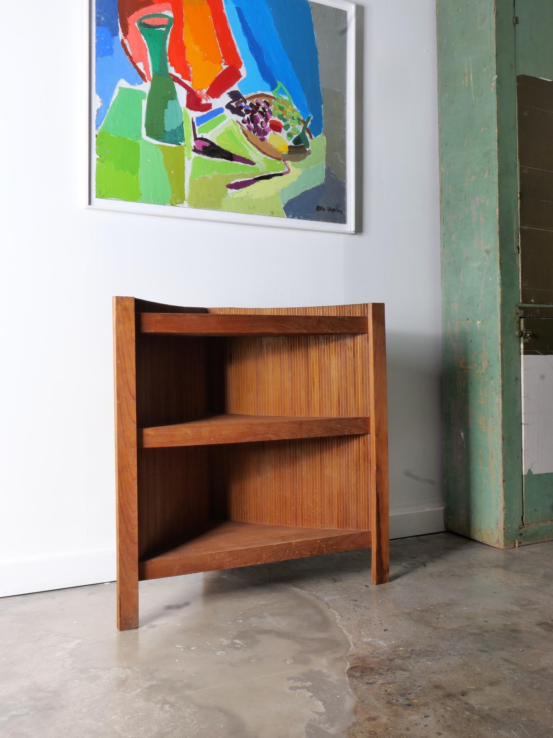 Hardwood Hand-Crafted Folk Art Slatted Wood Corner Shelf For Sale