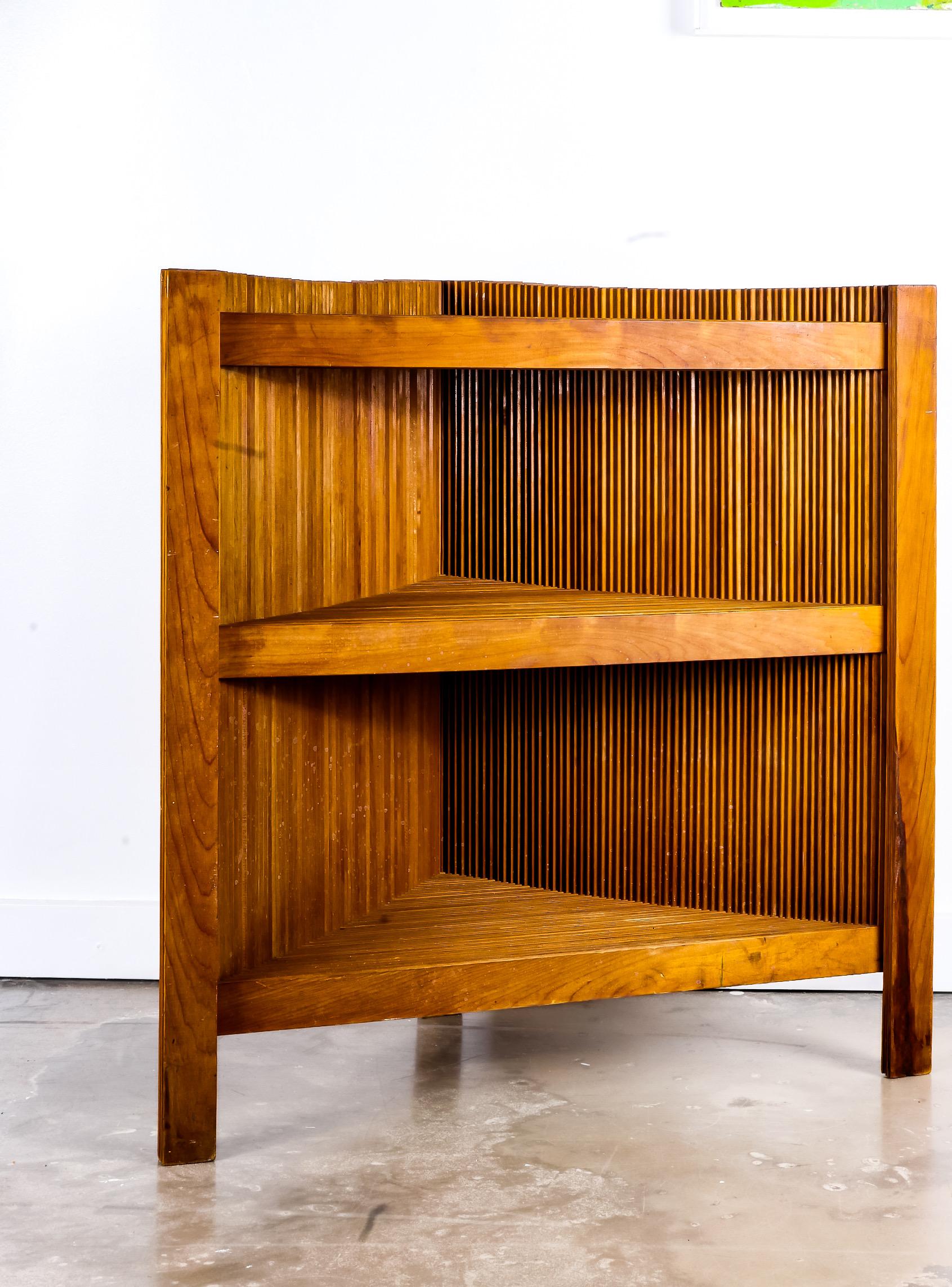 Hand-Crafted Folk Art Slatted Wood Corner Shelf For Sale 2