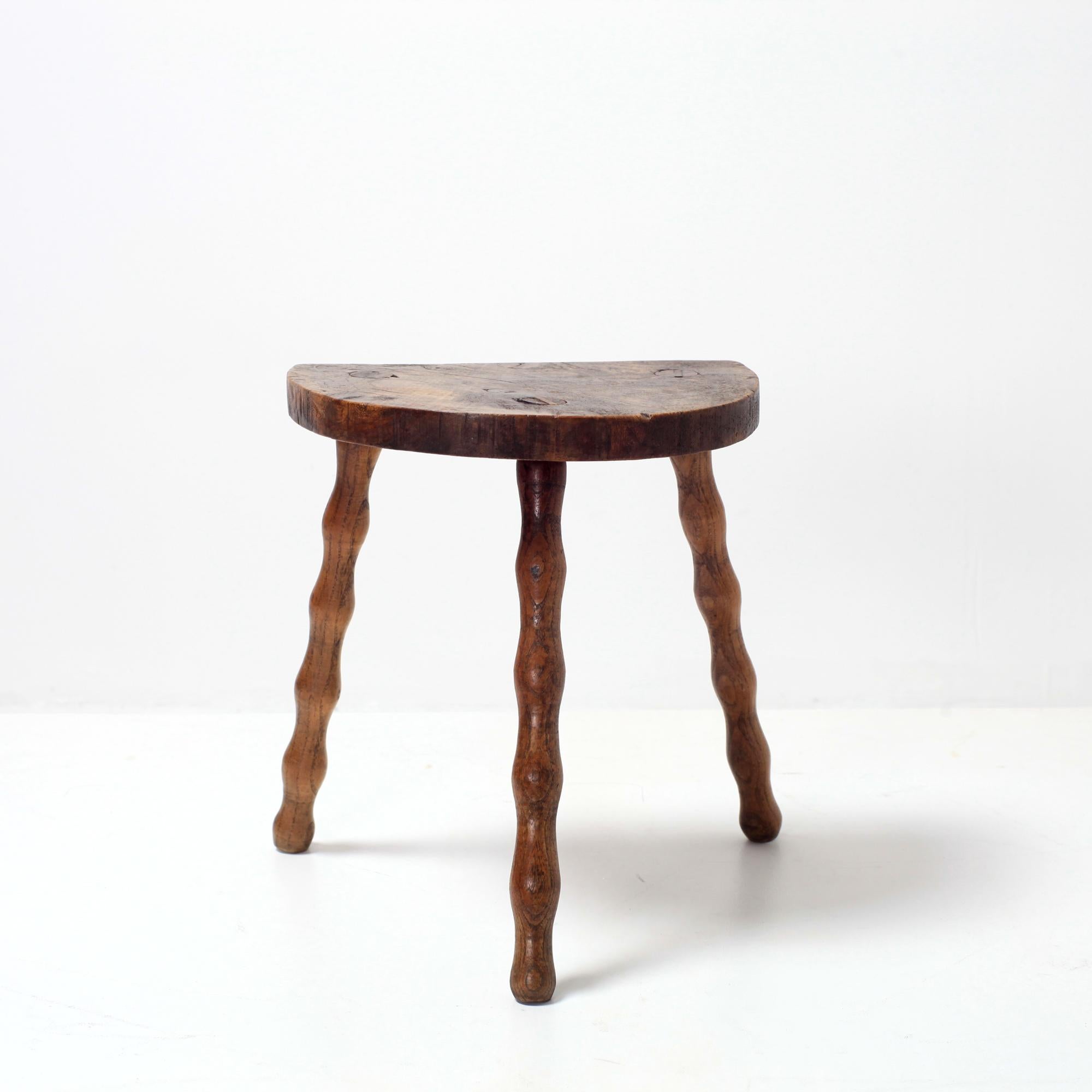 Wood Hand Crafted French Brutalist Rustic Tripod Stool For Sale
