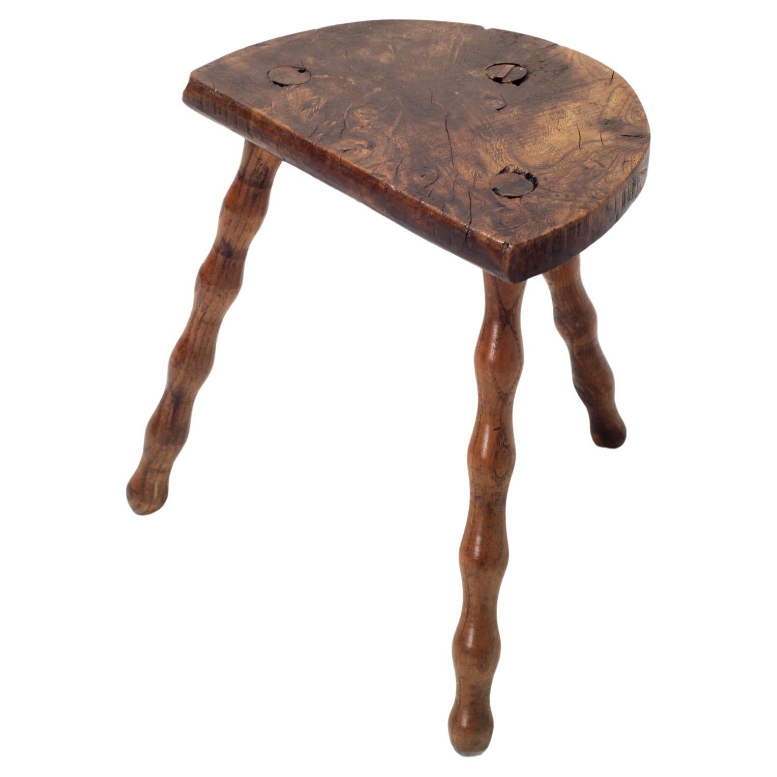 Hand Crafted French Brutalist Rustic Tripod Stool For Sale