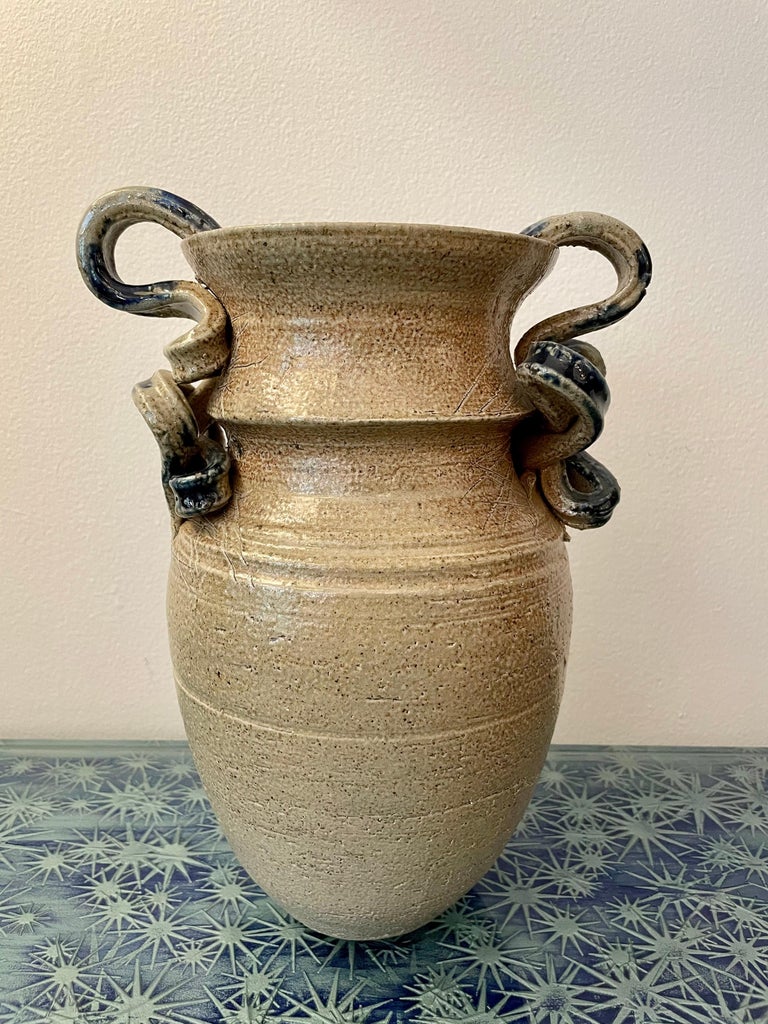 Hand Crafted Glazed Blue Ribbon Handle Vase w/ Natural Textured Base ...