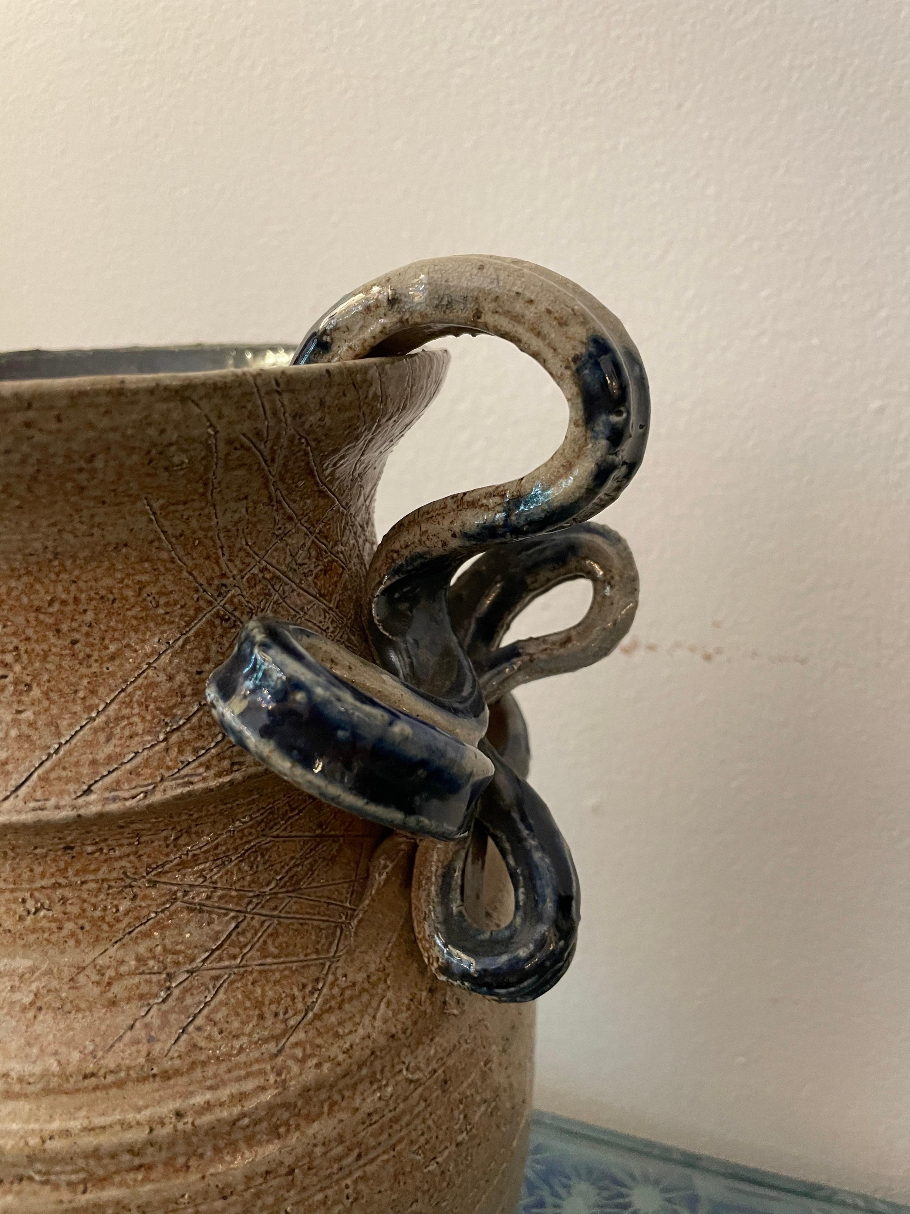 Mid-Century Modern Hand Crafted Glazed Blue Ribbon Handle Vase w/ Natural Textured Base For Sale