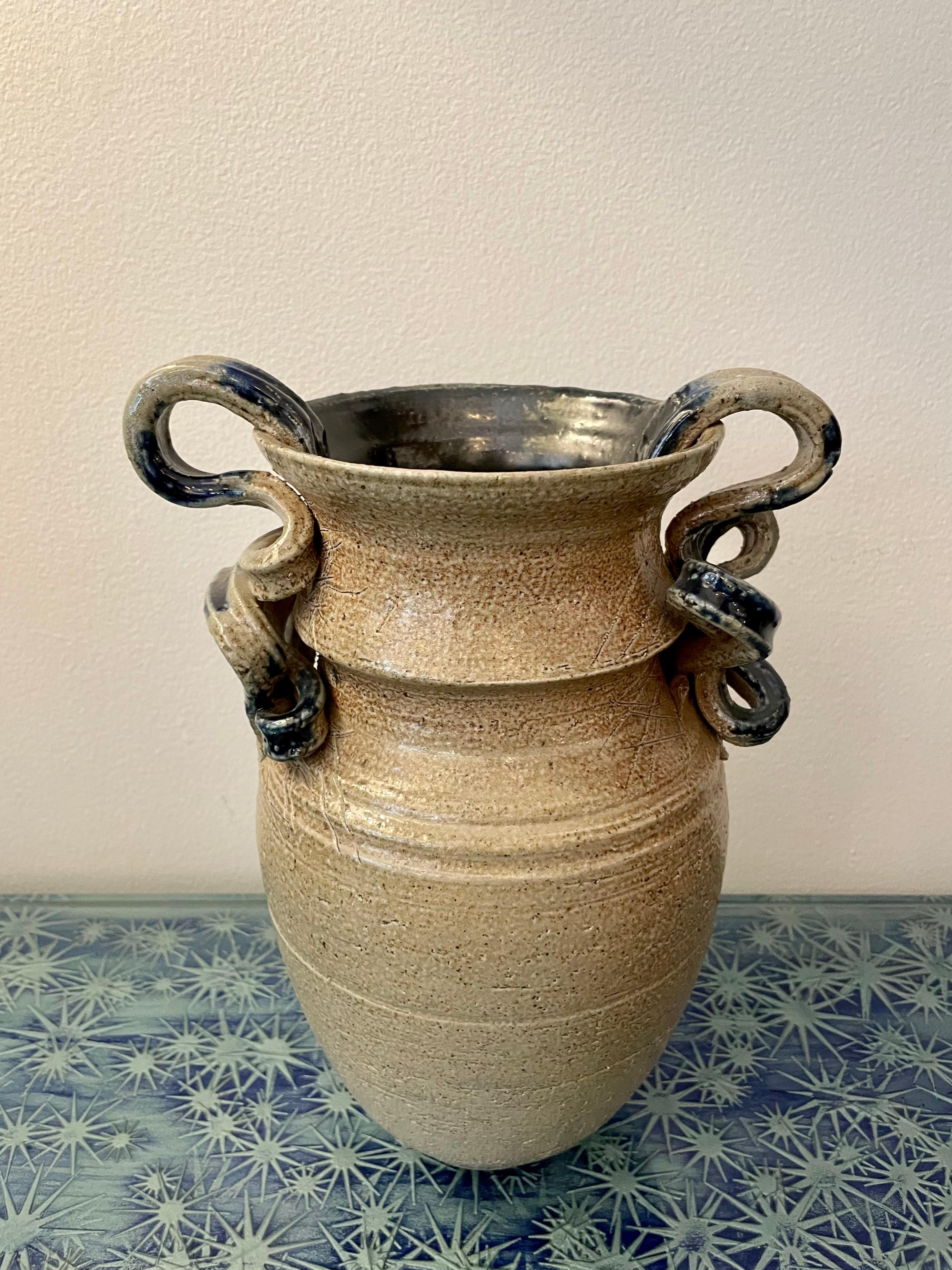 Ceramic Hand Crafted Glazed Blue Ribbon Handle Vase w/ Natural Textured Base For Sale