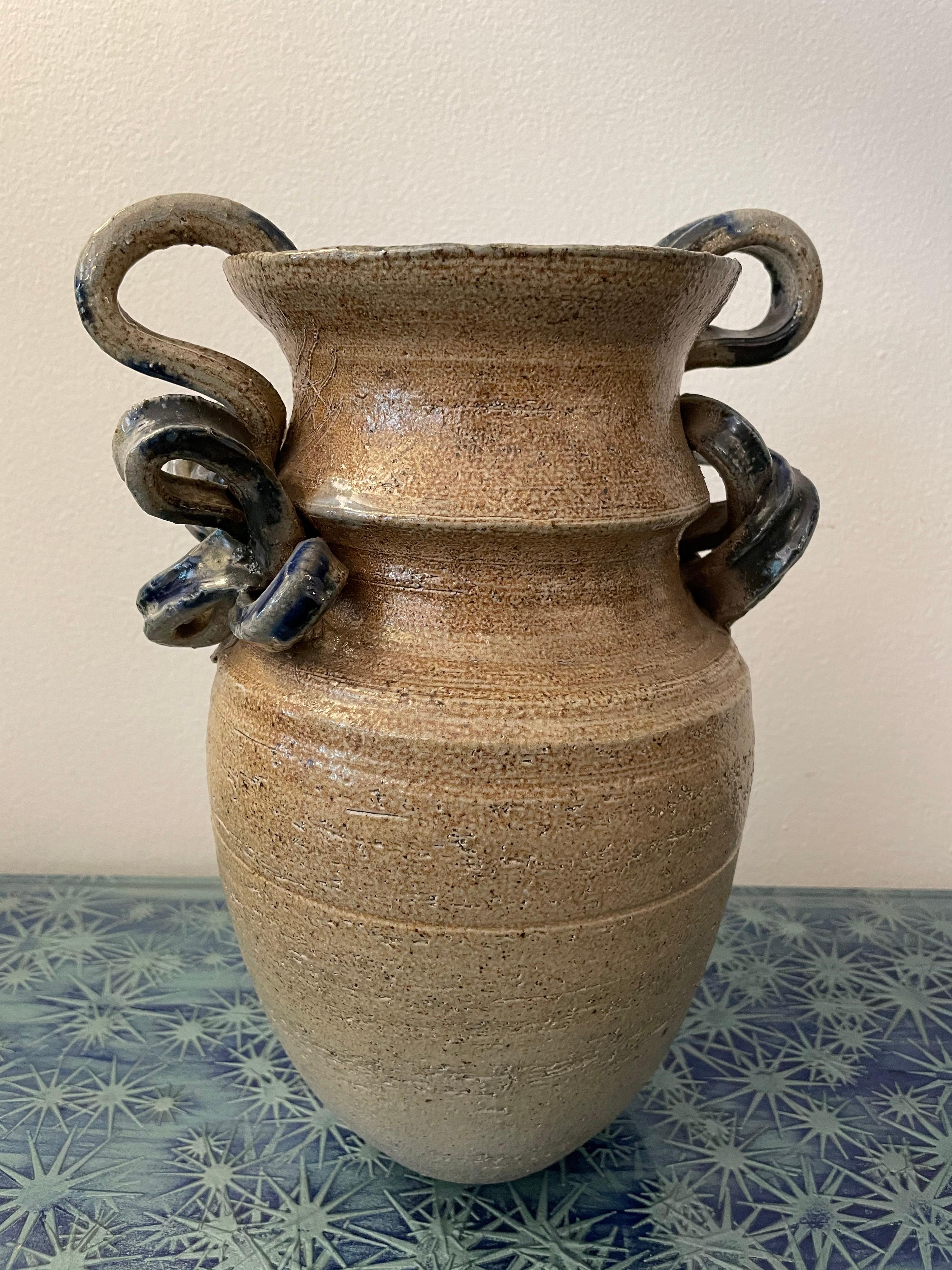 Hand Crafted Glazed Blue Ribbon Handle Vase w/ Natural Textured Base For Sale 1