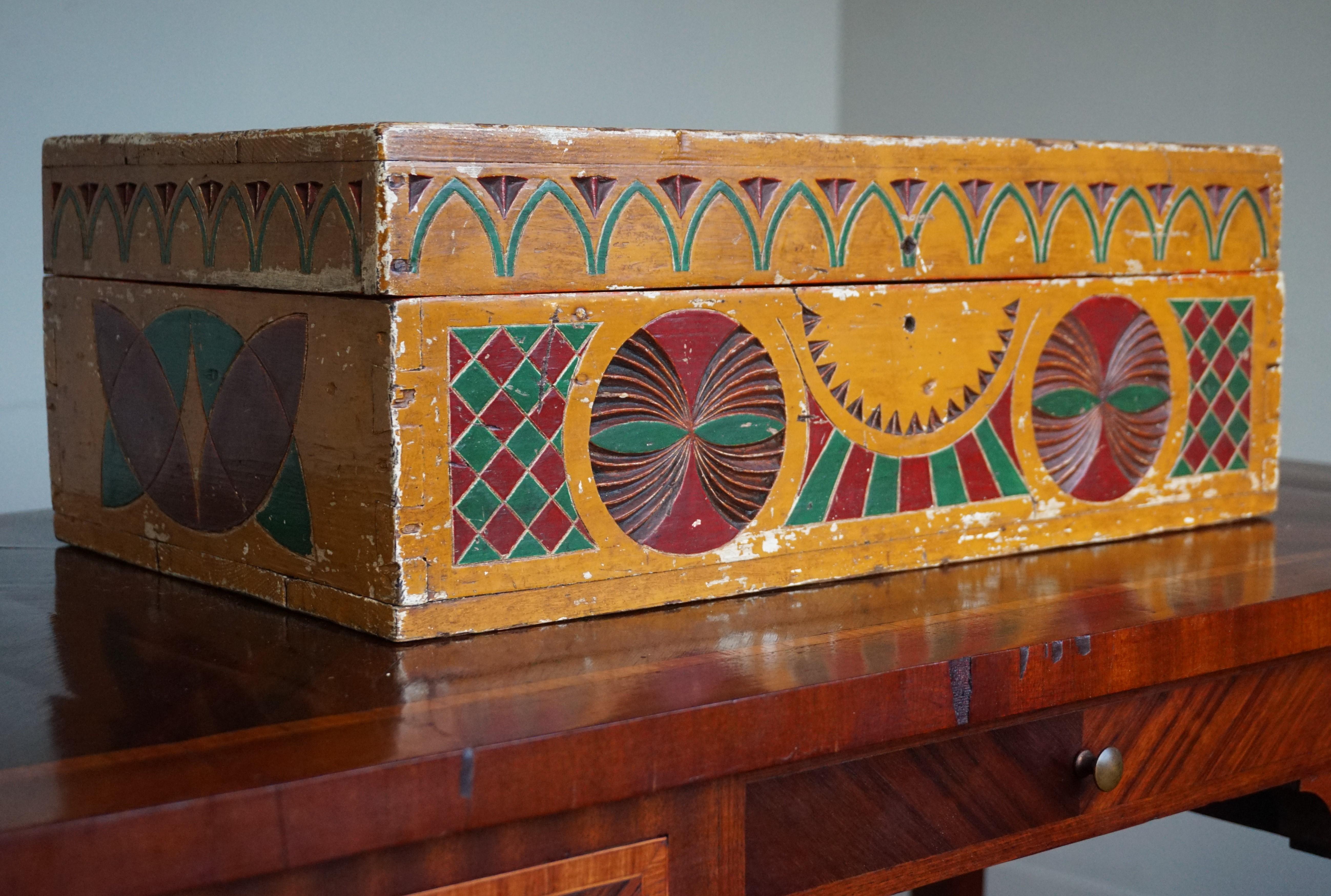 Unique and colorful antique box for all kinds of purposes.

In the earliest years of the 1900s highly skilled craftsmen all over Europe began creating unique and colorful works of art. They were passionate about re-introducing the quality, style