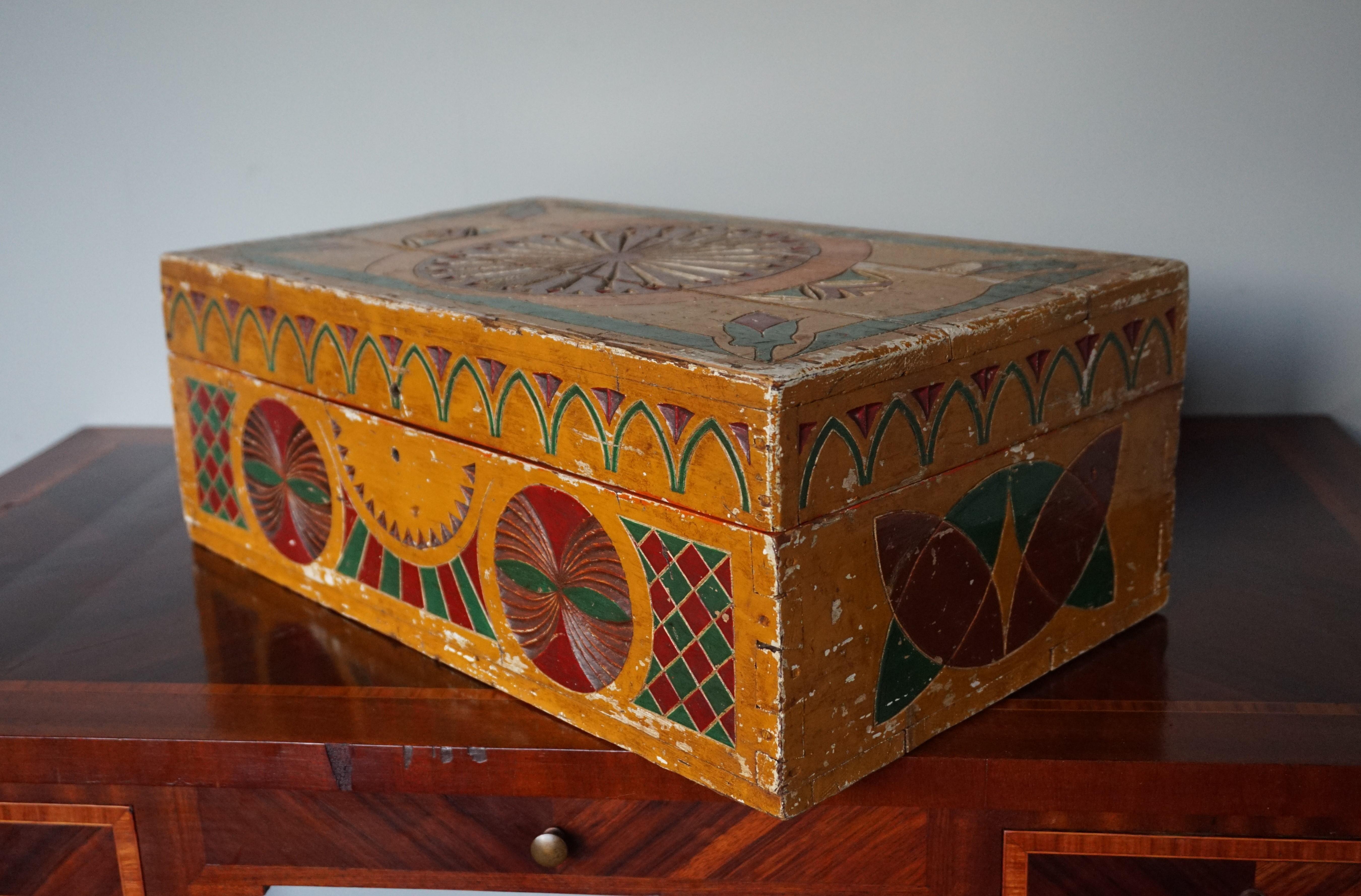 Hand-Painted Hand-Crafted, Hand Carved & Hand Painted Arts and Crafts Box w. Stylized Flowers